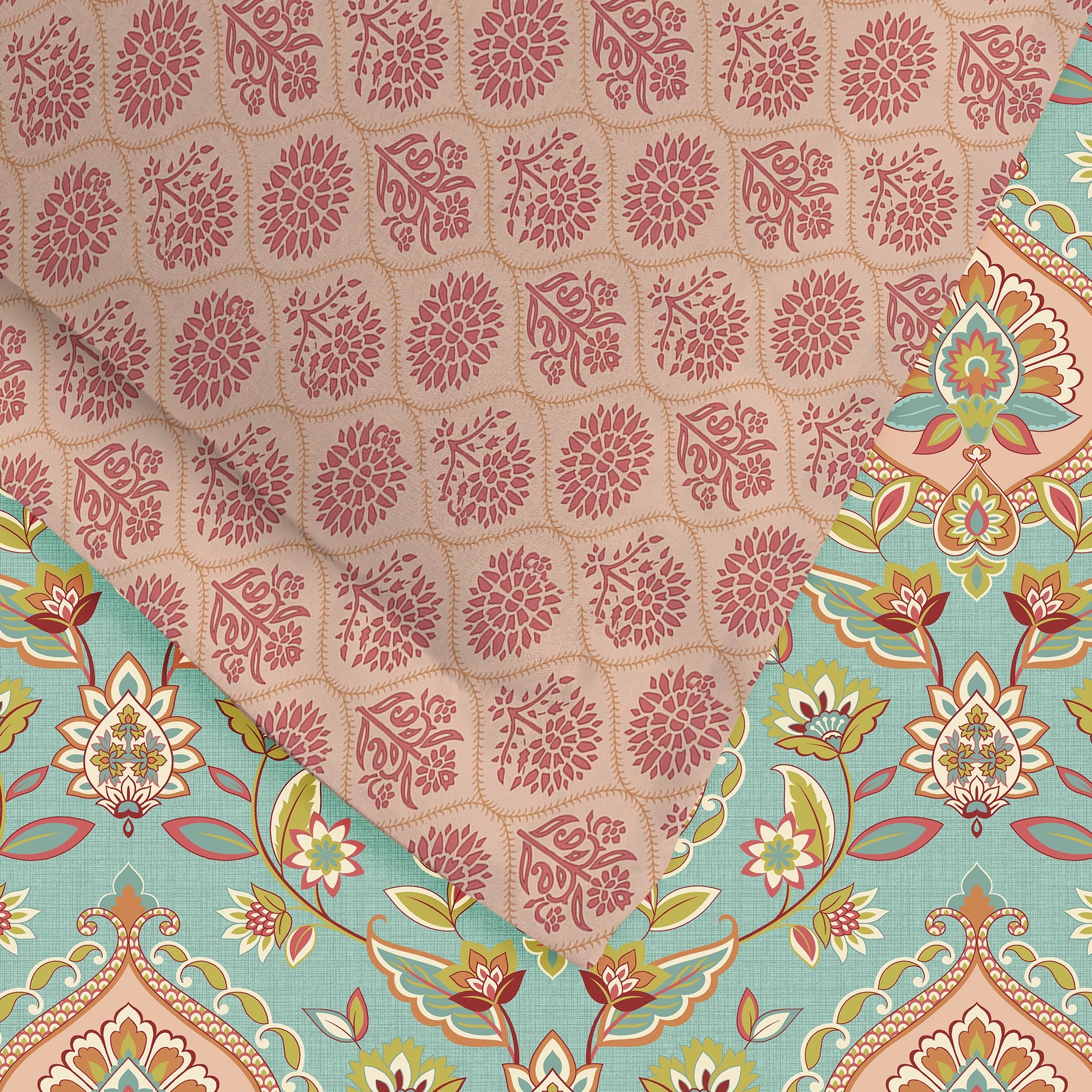 Aangan Weaves | Sage Green Traditional Printed Cotton Bedsheet Set - Sea Glass Sea Glass / Queen