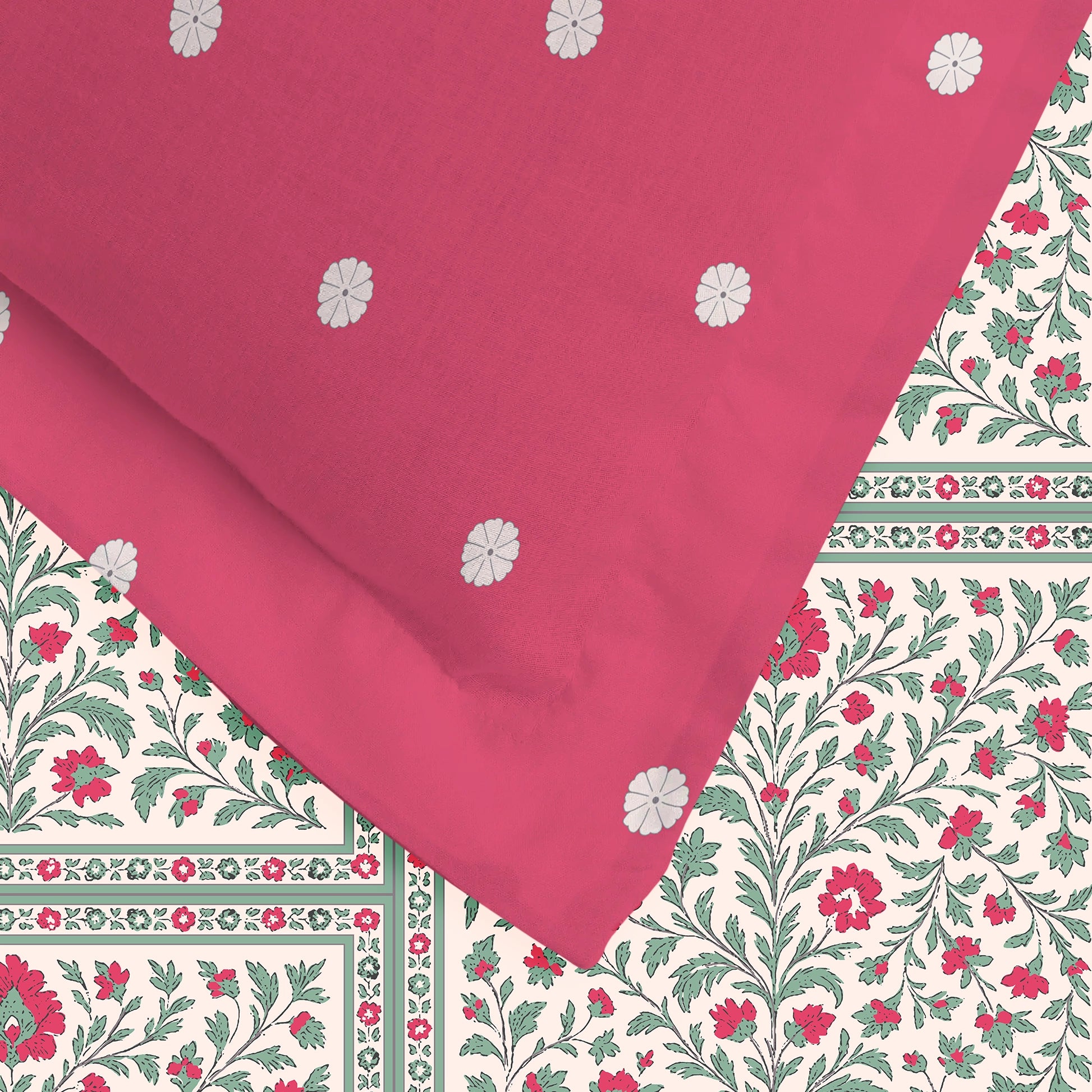 Aangan Weaves | Ethnic Printed Cotton Bedsheet Set - Indian Pink Indian Pink / Queen