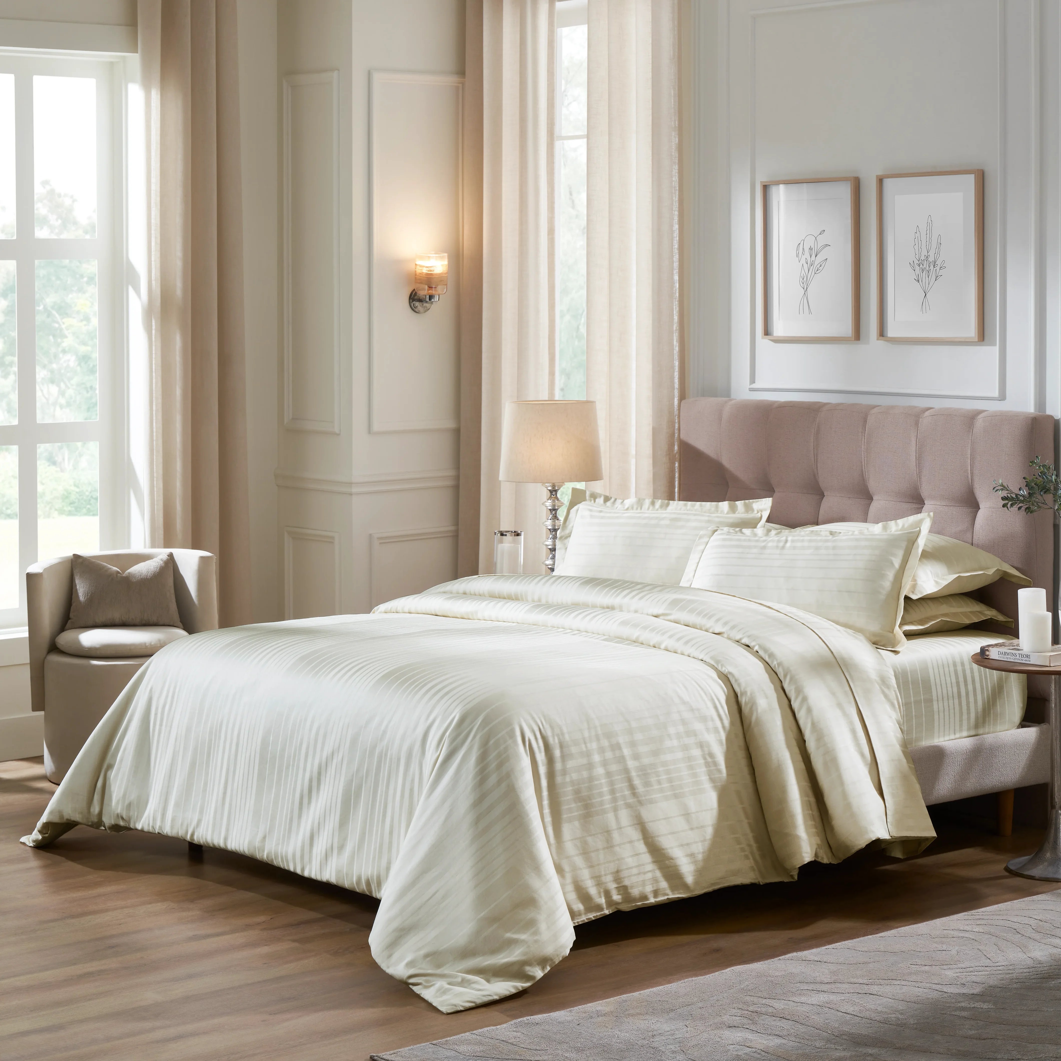 Seraya | 400TC Varigated Stripes Super Soft Fitted Sheet Set Ivory / King