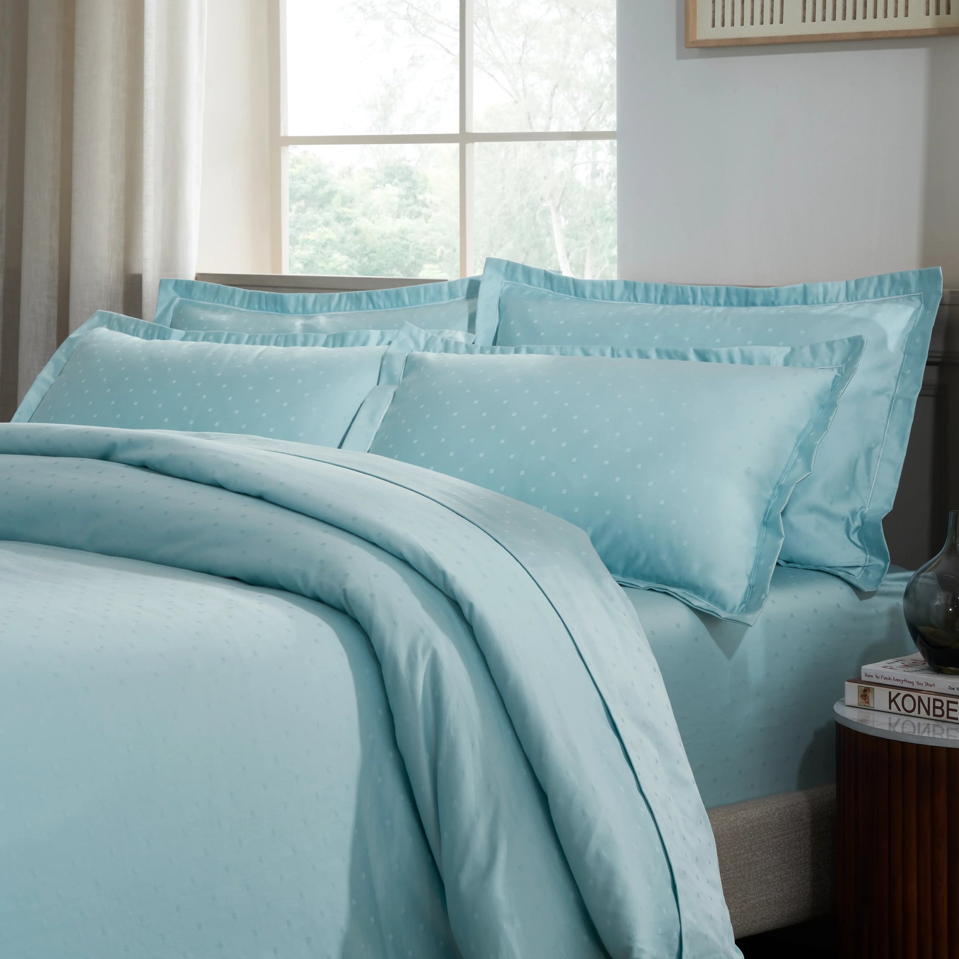 Ricaso | 1000TC Egyptian Cotton Swiss Dot Super Soft Fitted Sheet Set | Pillow Cover with Merrow Hem Treatment Blue Sky / King