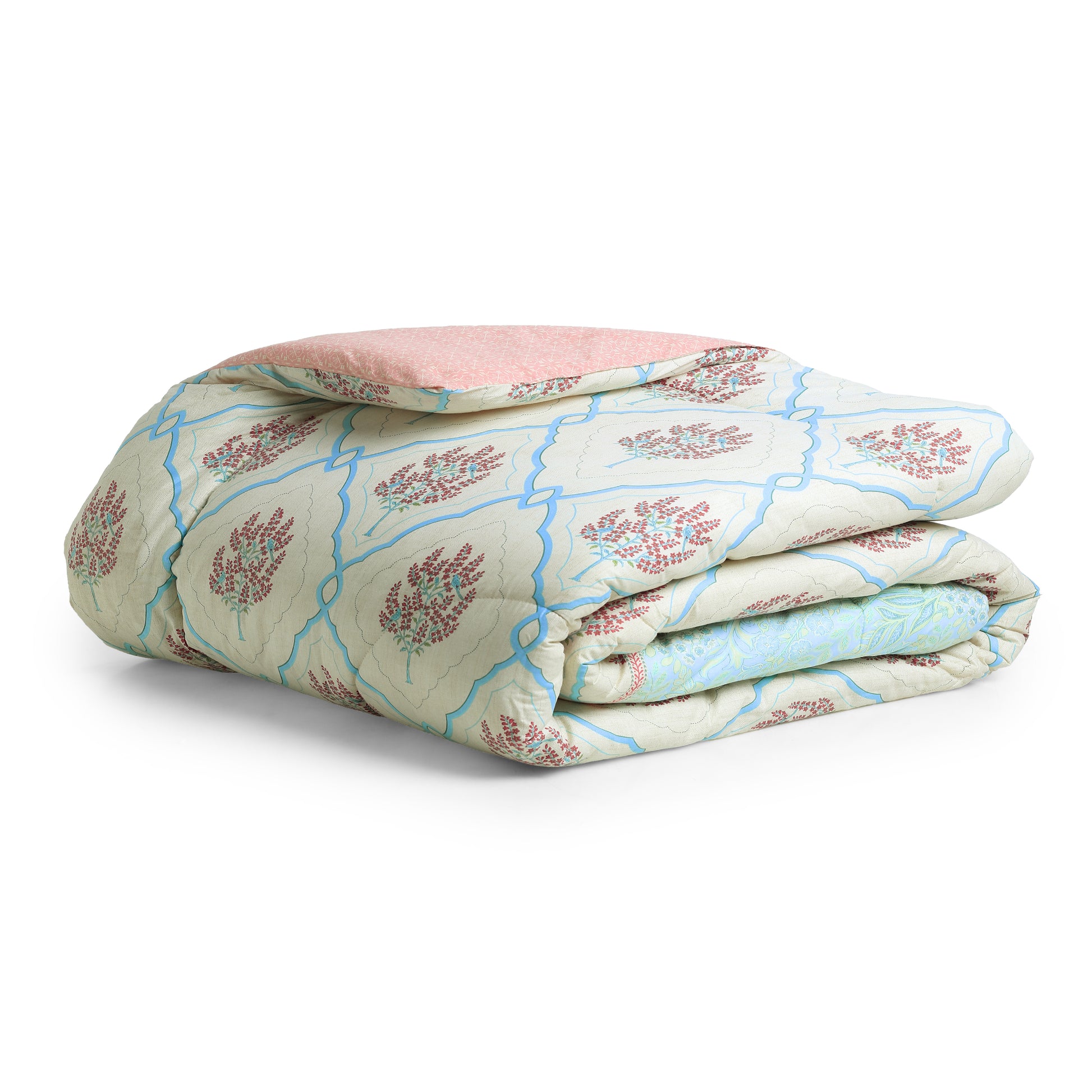Chippa Lane | Contemporary Indian Print Design Coordinated Bedding Set | Set of Bedsheet & Comforter-Sage Bloom Sage Bloom / Double