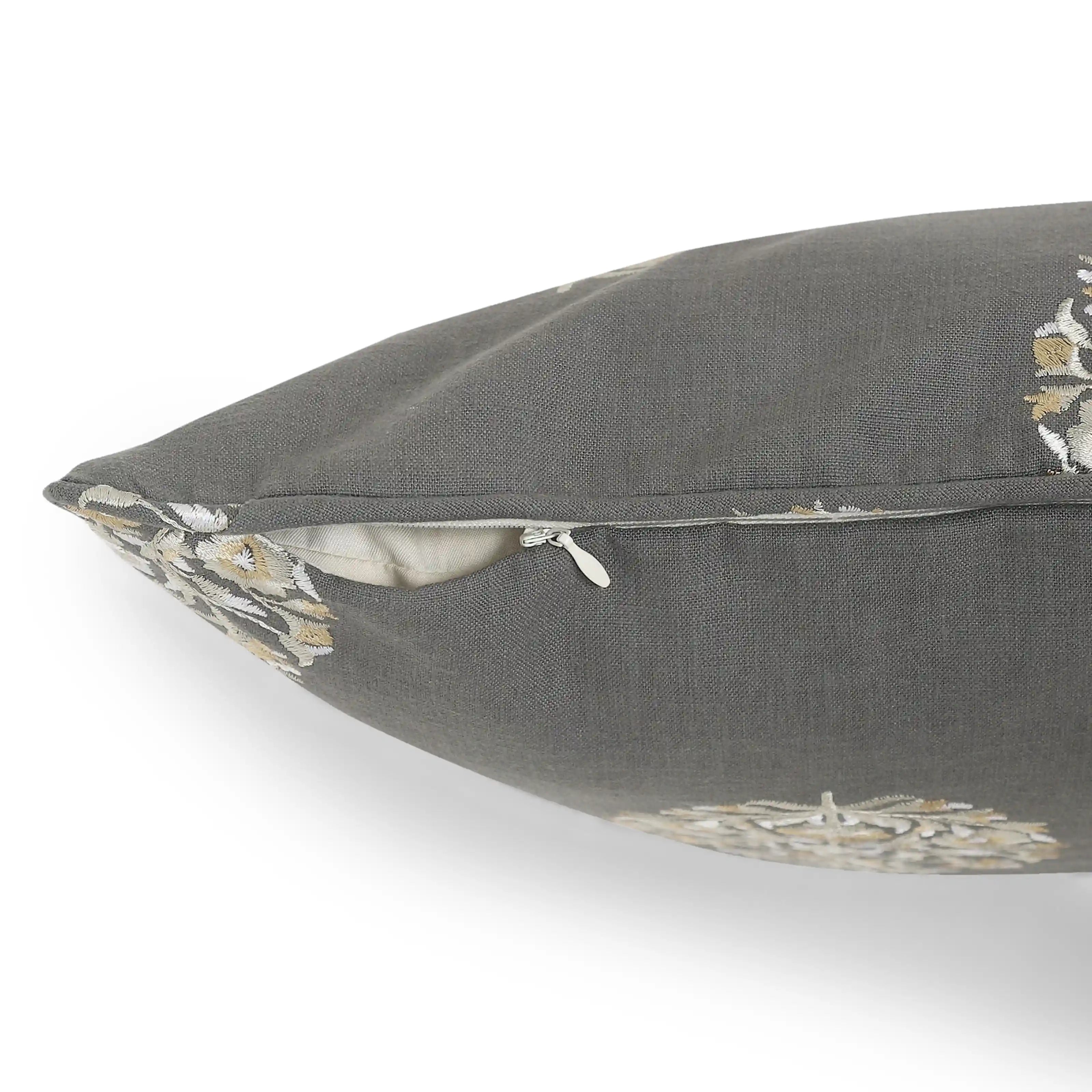 Espricia Embroidered Cushion Cover | Bagh Bahaar Dark Grey / Cushion Cover (51cm x 51cm)