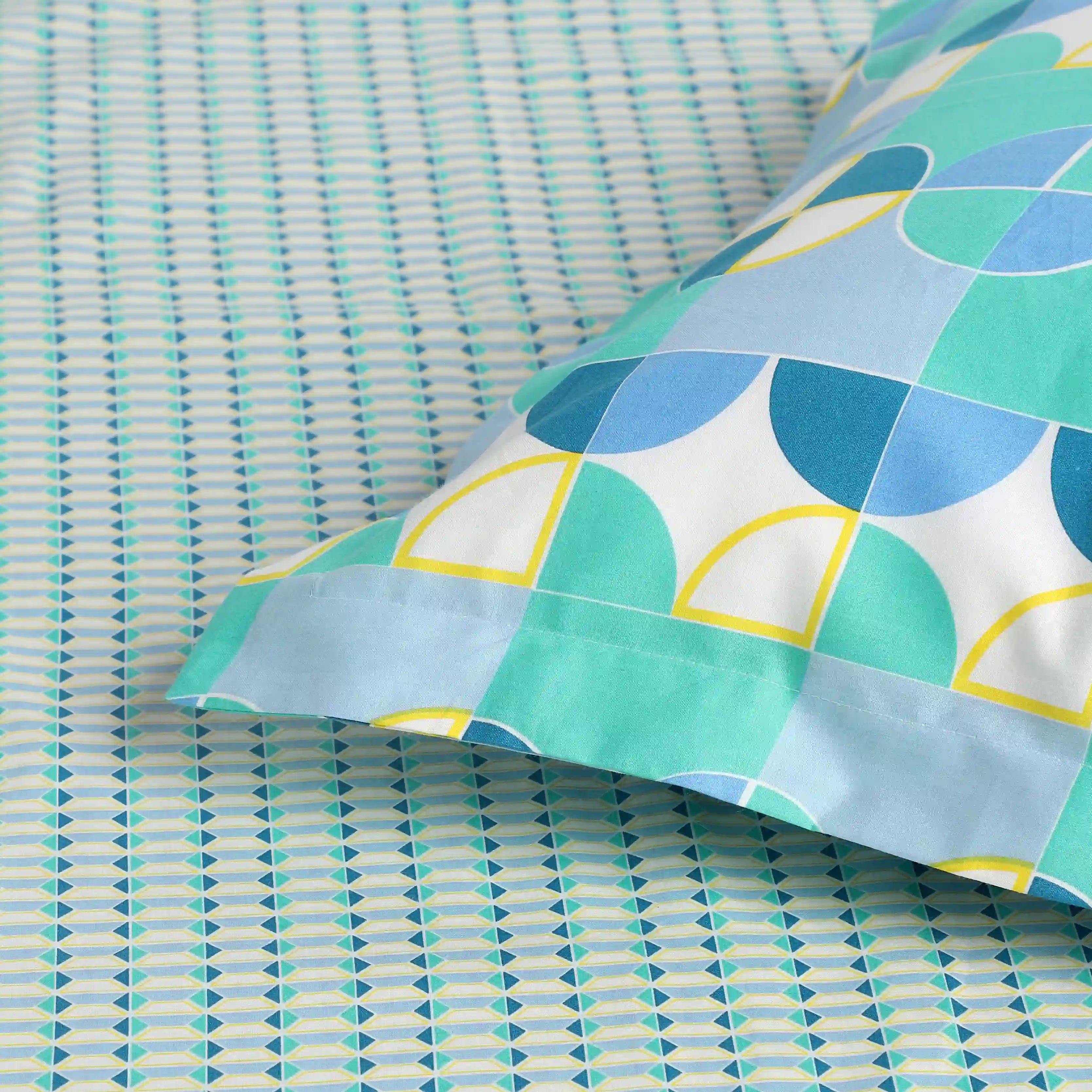 Mishella | Mix & Match Printed Cotton Bedsheet Set - Kaleido Teal Kaleido Teal / King