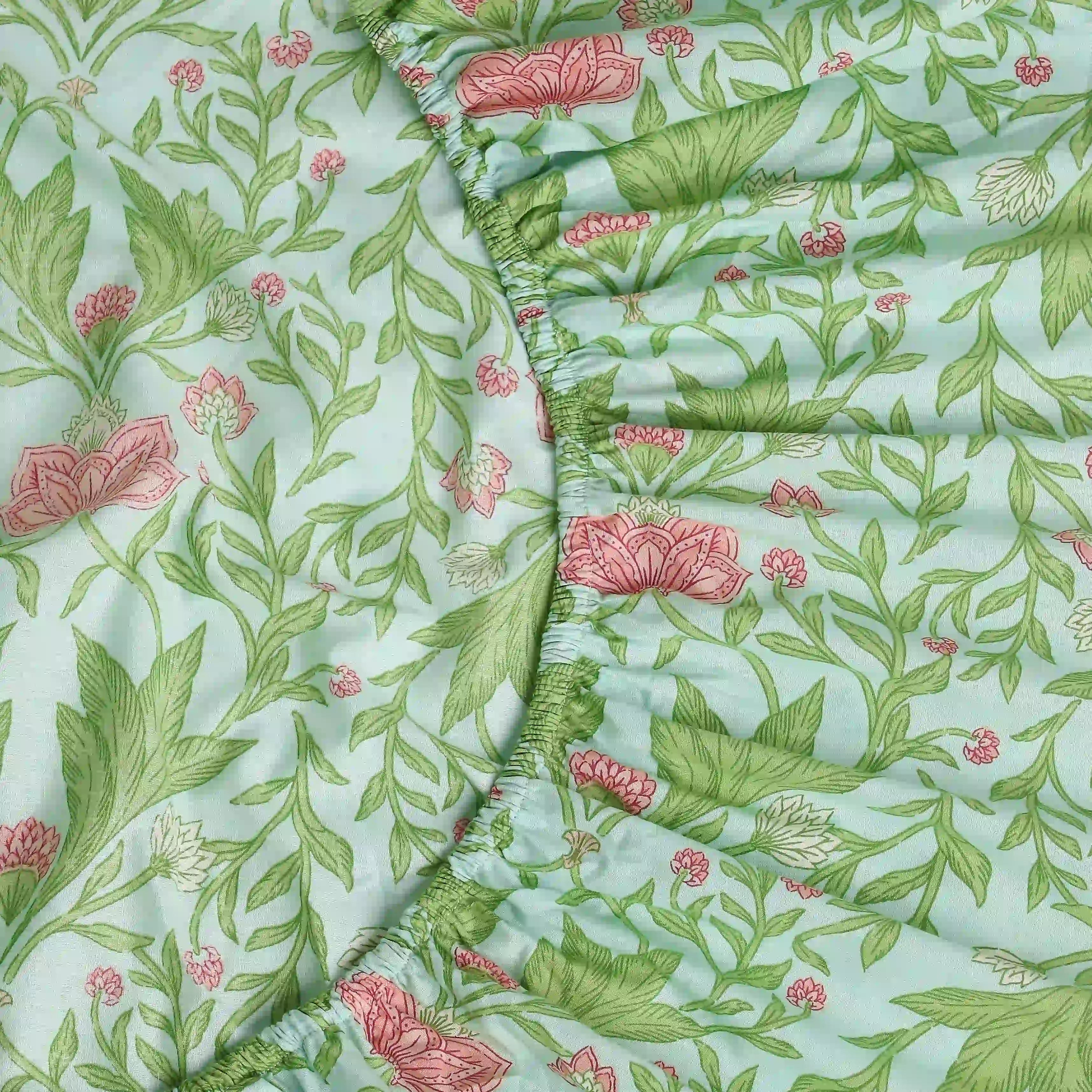 Chippa Lane | Contemporary Indian Print Design Cotton Fitted Sheet Set-Sage Mint Sage Mint / King