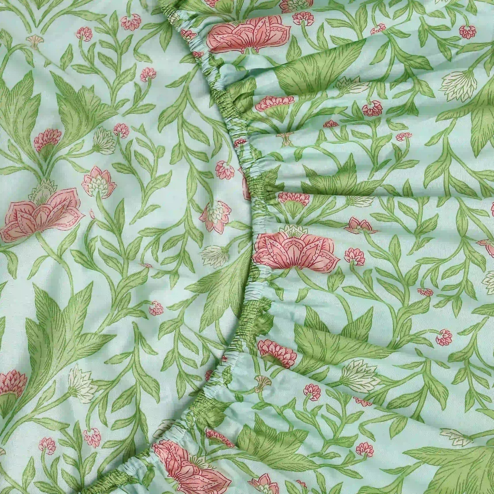 Chippa Lane | Contemporary Indian Print Design Cotton Fitted Sheet Set-Sage Mint Sage Mint / Queen