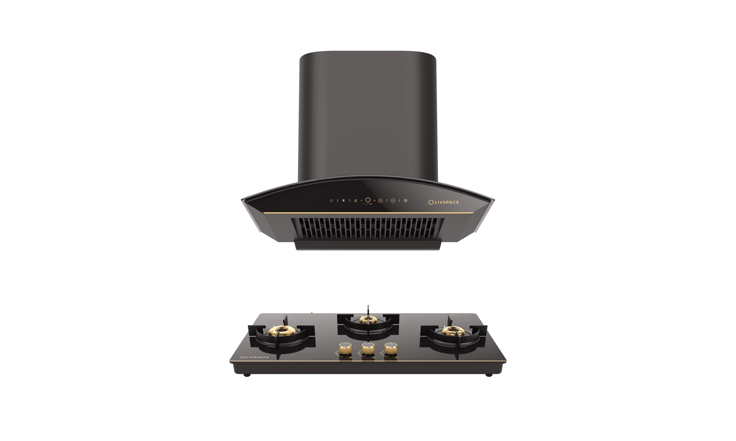 Intellia Series by LIVSPACE Curve shape BLDC autoclean Filterless 600mm 1600m3/h suction Chimney & 3 Brass Burner Gloss finish 770mm with Auto Ignition Cooktop with installation (Ducted) | Intellia CH C 60 & Intellia CT 77 3B