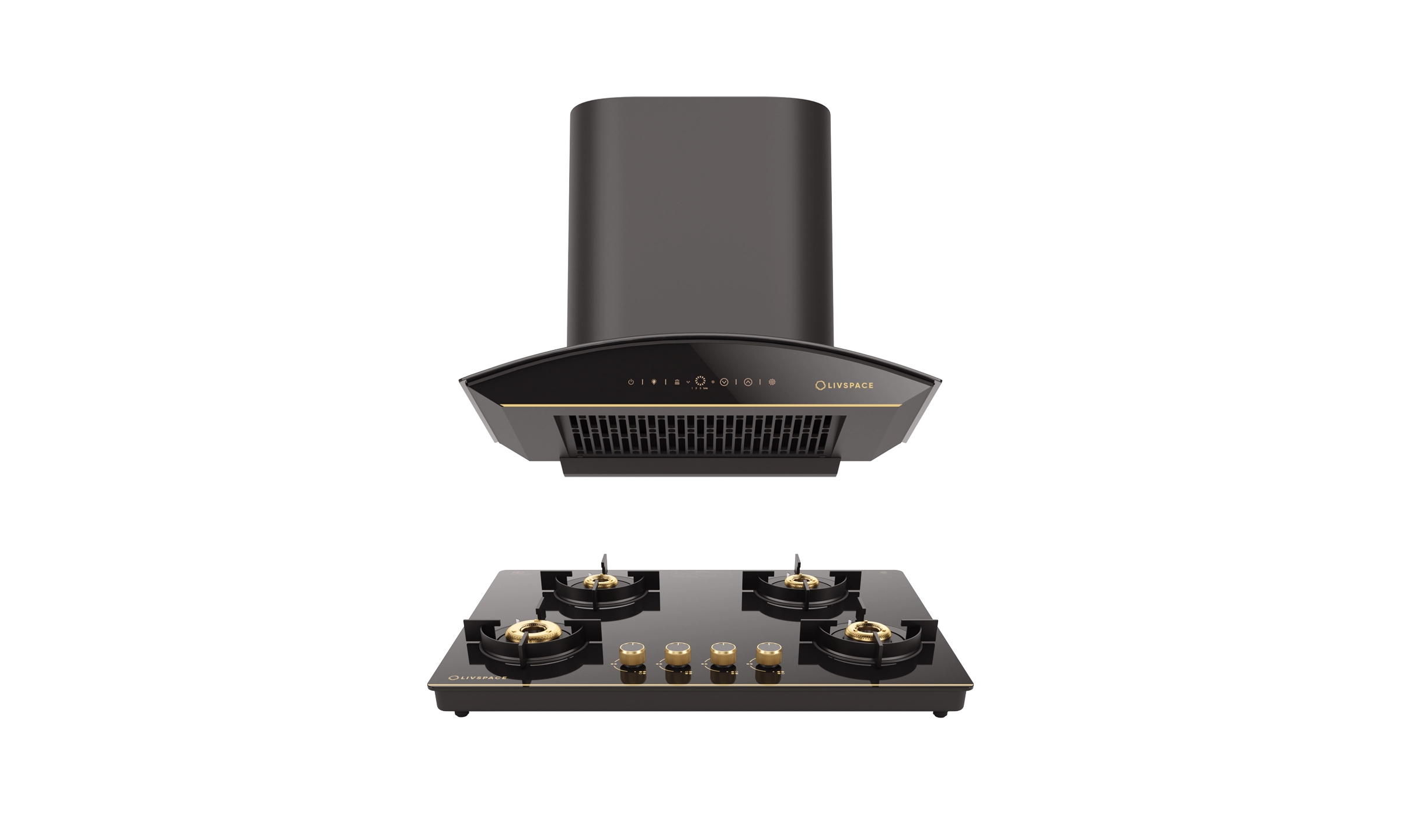 Intellia Series by LIVSPACE Curve shape BLDC autoclean Filterless 600mm 1600m3/h suction Chimney & 4 Brass Burner Gloss finish 750mm with Auto Ignition Cooktop with installation (Ducted) | Intellia CH C 60 & Intellia CT 75 4B