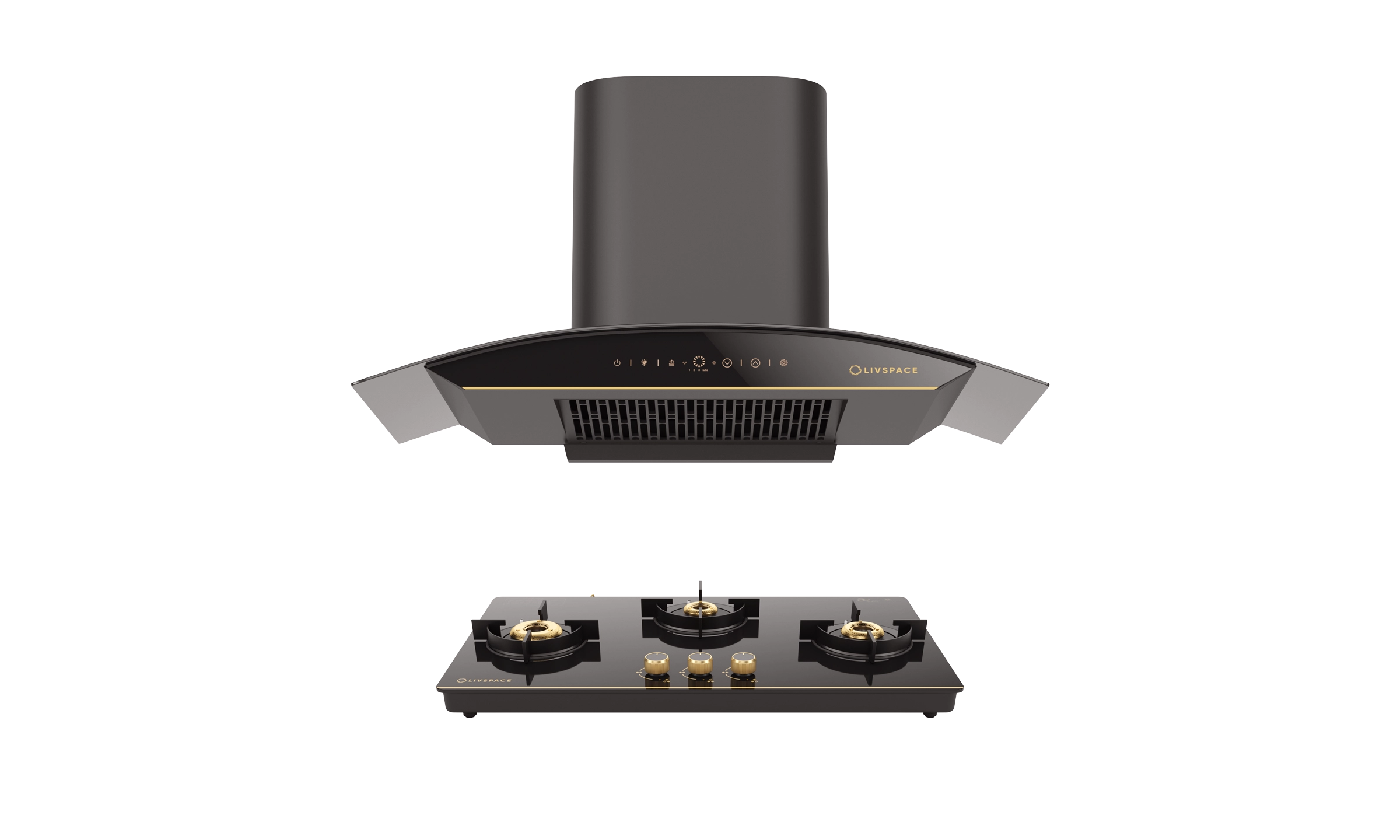 Intellia Series by LIVSPACE Curve shape BLDC autoclean Filterless 900mm 1600m3/h suction Chimney & 3 Brass Burner Gloss finish 770mm with Auto Ignition Cooktop with installation (Ducted) | Intellia CH C 90 & Intellia CT 77 3B