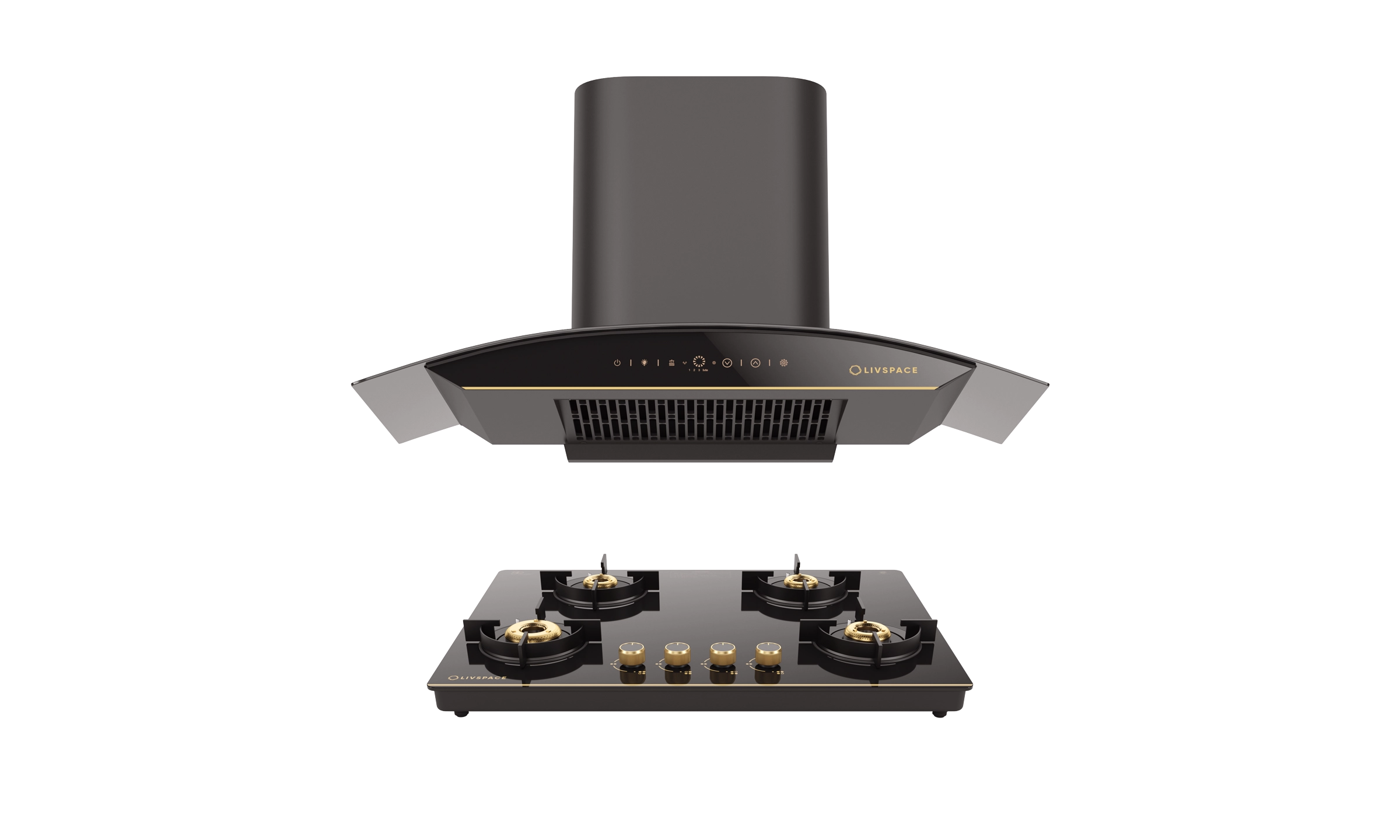 Intellia Series by LIVSPACE Curve shape BLDC autoclean Filterless 900mm 1600m3/h suction Chimney & 4 Brass Burner Gloss finish 750mm with Auto Ignition Cooktop with installation (Ducted) | Intellia CH C 90 & Intellia CT 75 4B