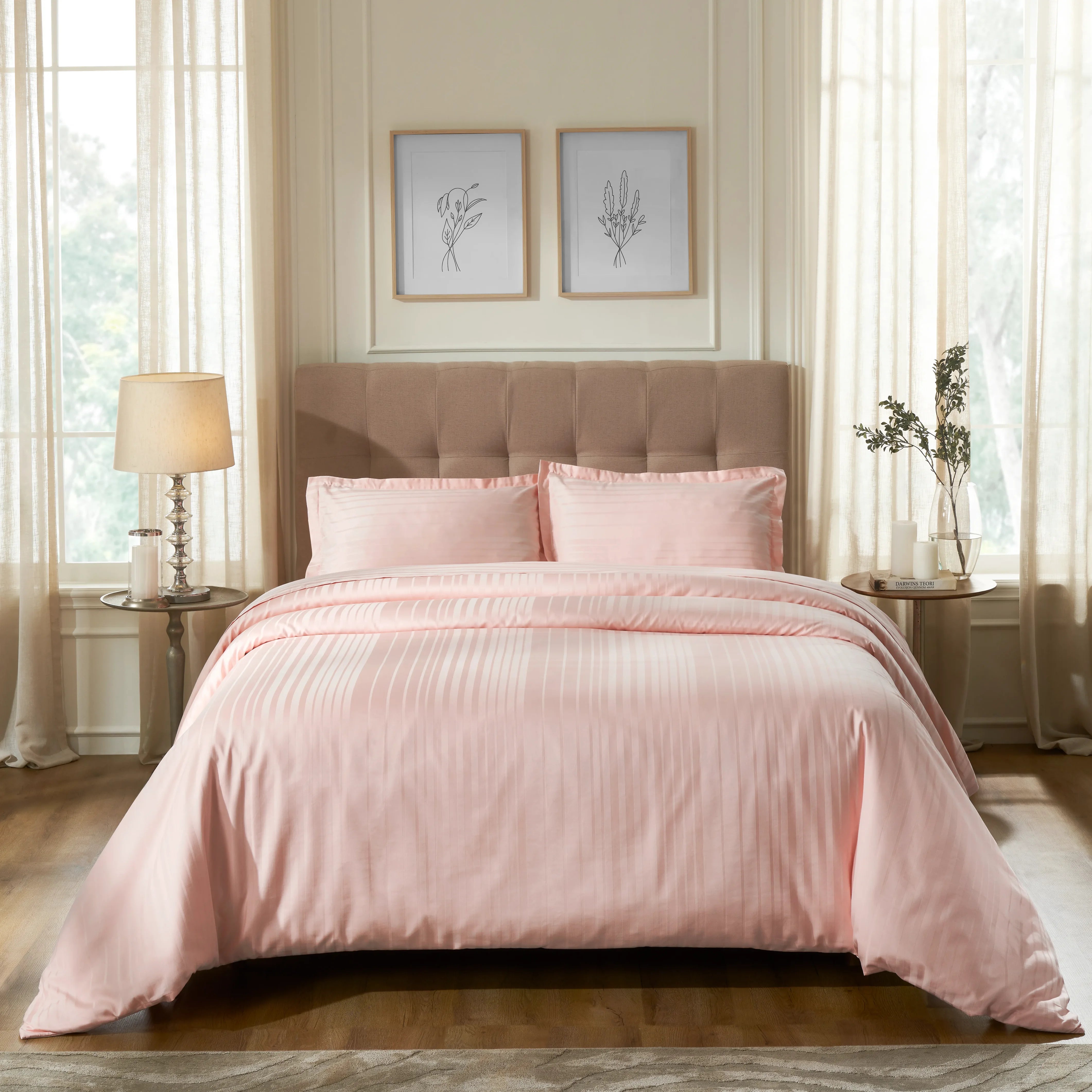 Seraya | 400TC Varigated Stripes Super Soft Bedsheet Set Veiled Rose / Super King