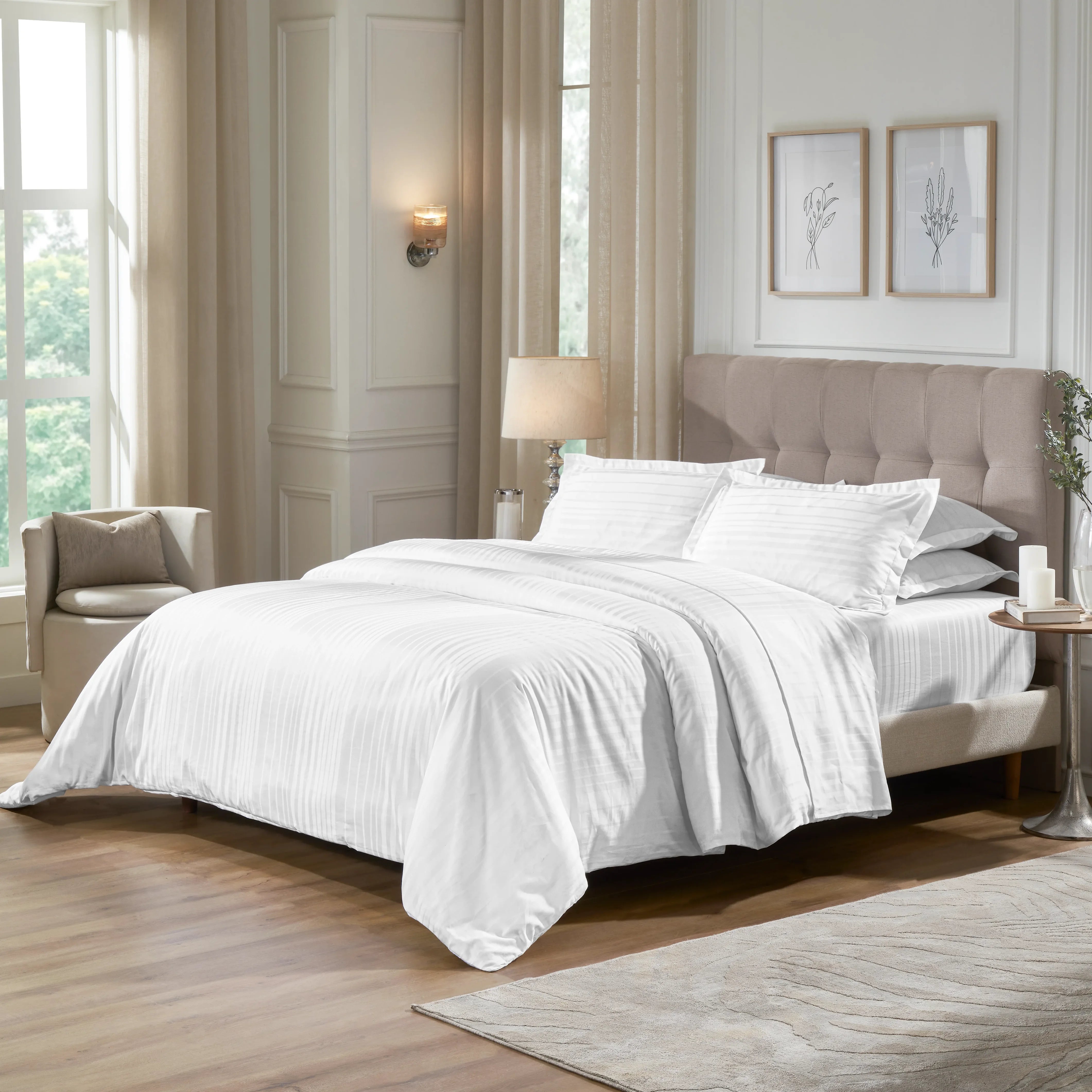 Seraya | 400TC Varigated Stripes Super Soft Bedsheet Set White / Super King