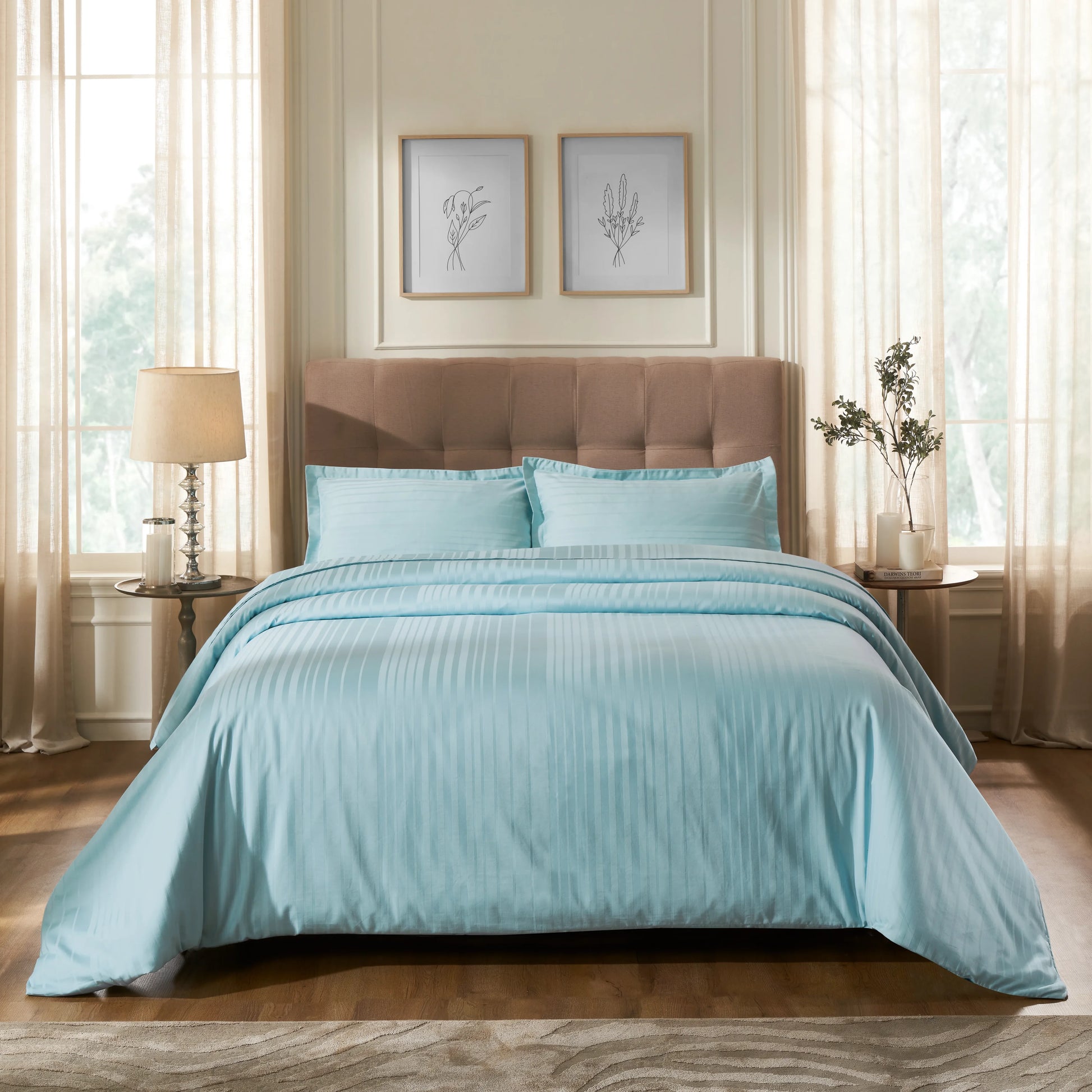 Seraya | 400TC Varigated Stripes Super Soft Bedsheet Set Blue Sky / Super King