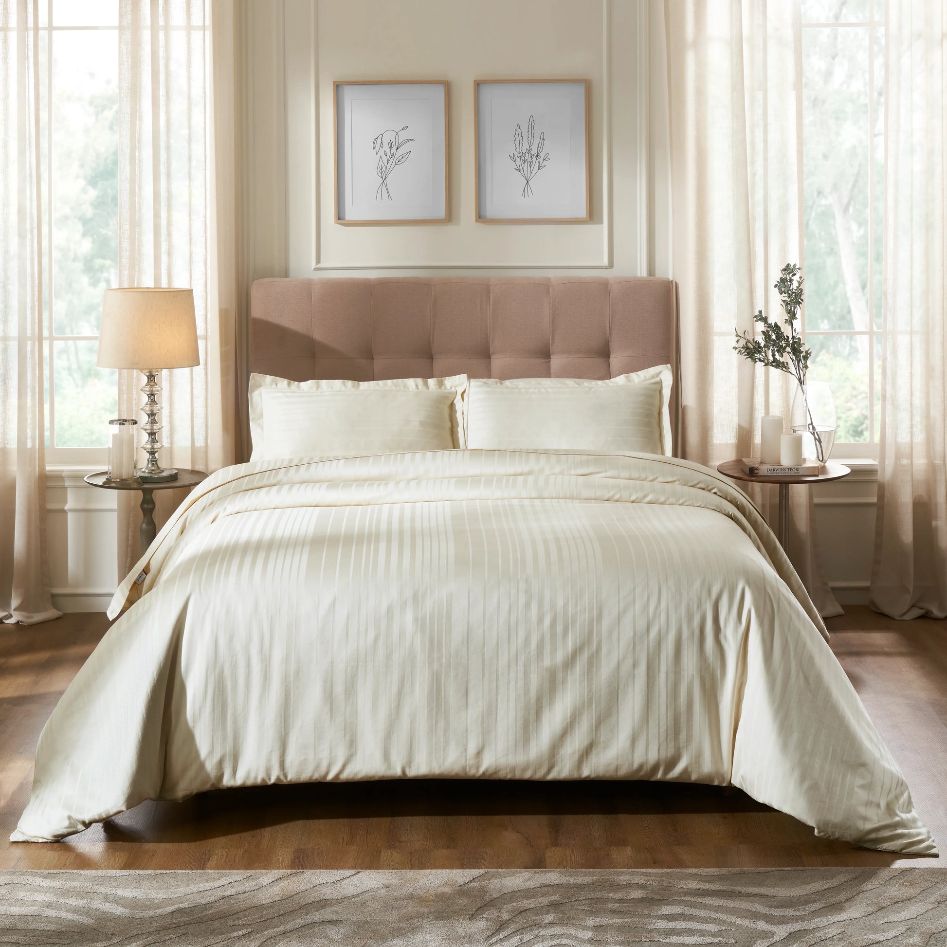 Seraya | 400TC Varigated Stripes Super Soft Bedsheet Set Ivory / Super King