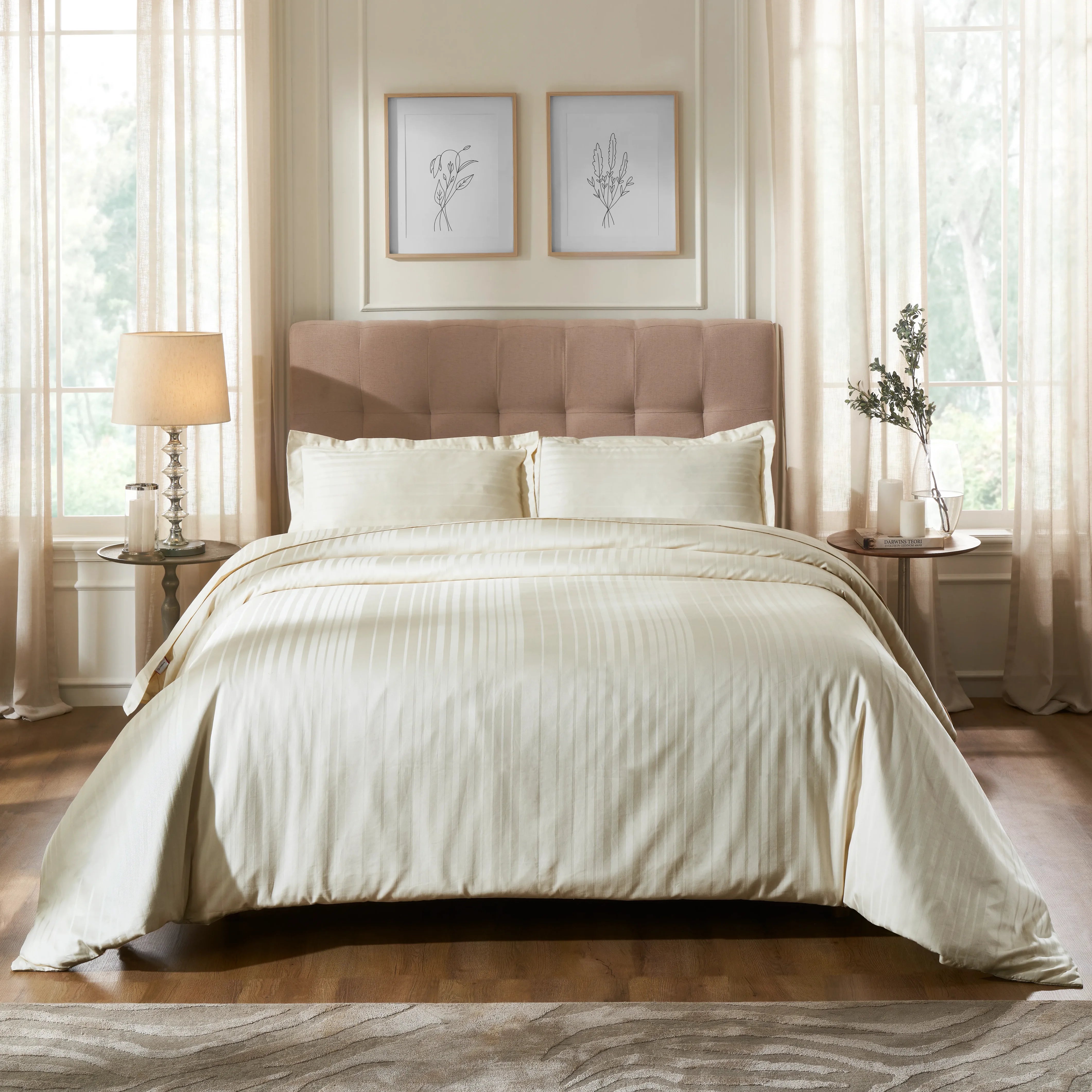 Seraya | 400TC Varigated Stripes Super Soft Bedsheet Set Ivory / Super King