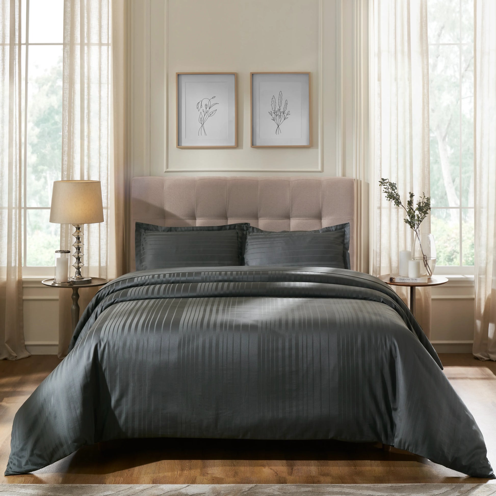 Seraya | 400TC Varigated Stripes Super Soft Bedsheet Set Dark Grey / Super King