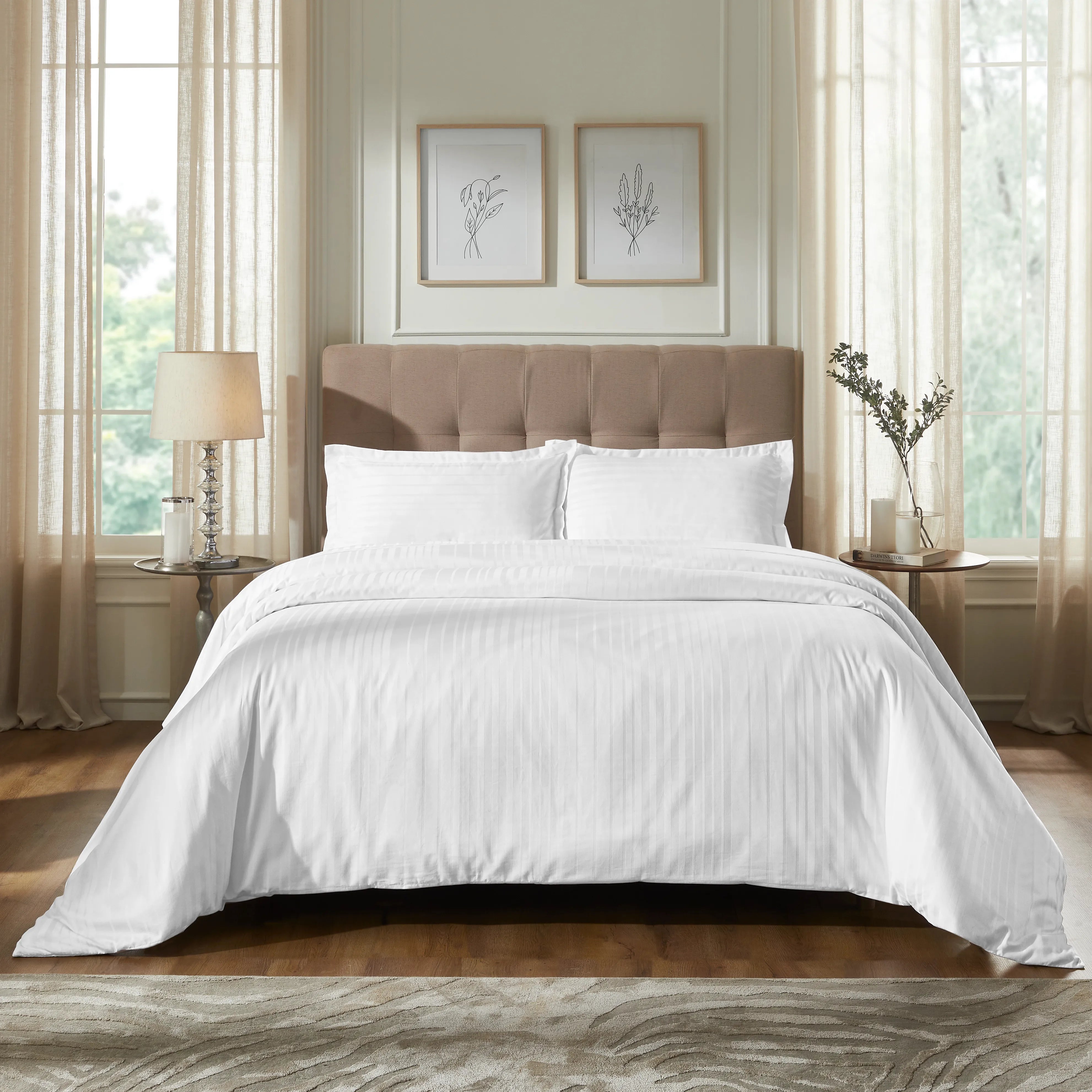 Seraya | 400TC Varigated Stripes Super Soft Bedsheet Set White / Super King