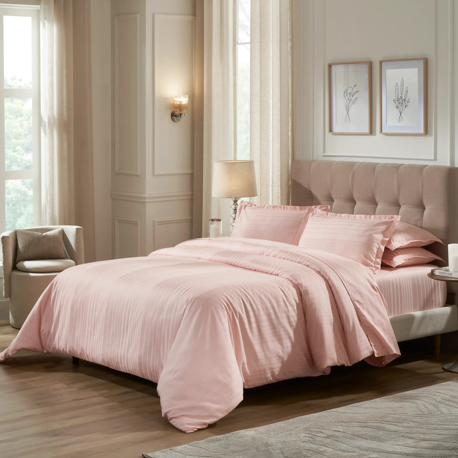 Seraya | 400TC Varigated Stripes Super Soft Bedsheet Set Veiled Rose / Super King