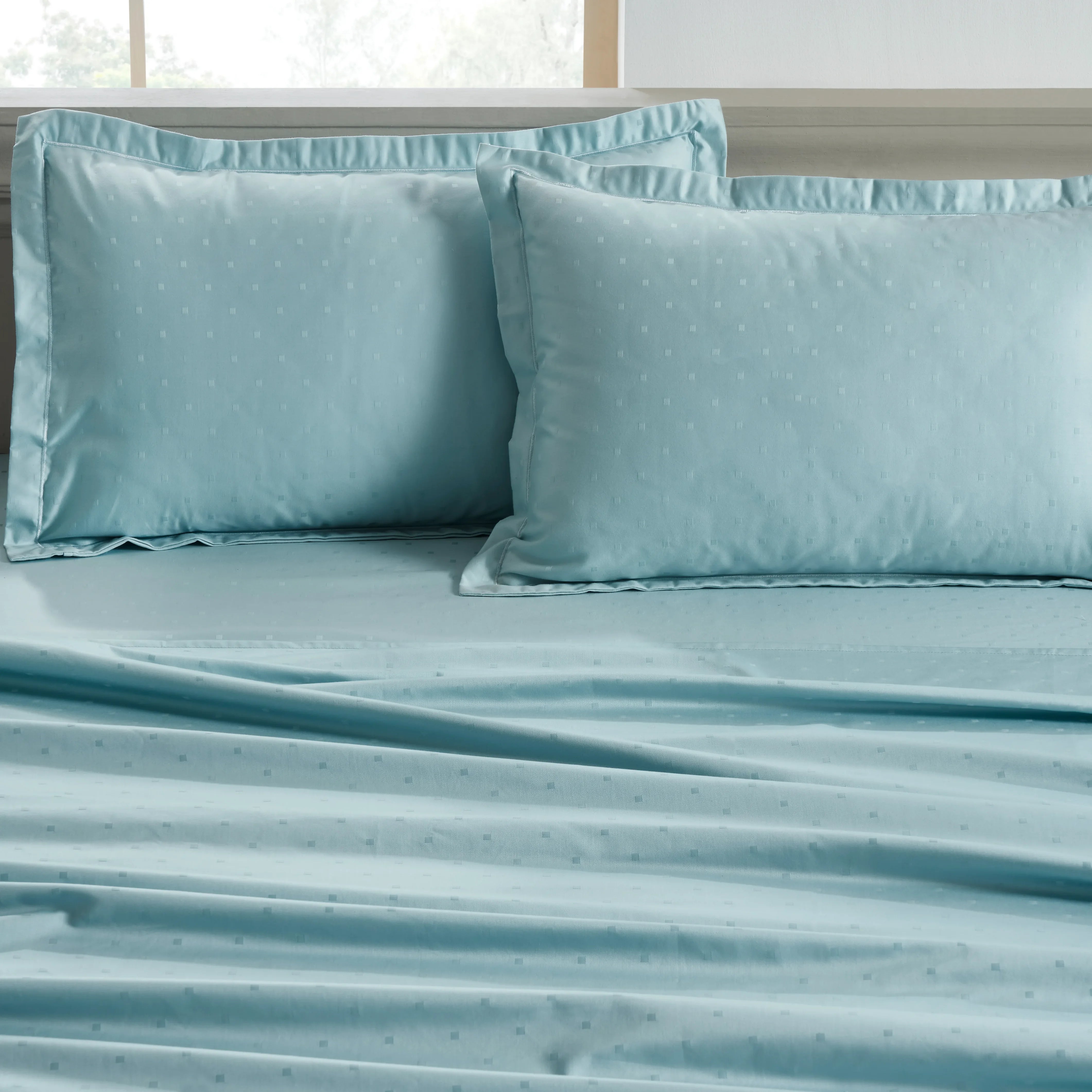 Ricaso | 1000TC Egyptian Cotton Swiss Dot Super Soft Bedsheet Set | Pillow Cover with Merrow Hem Treatment Blue Sky / Super King