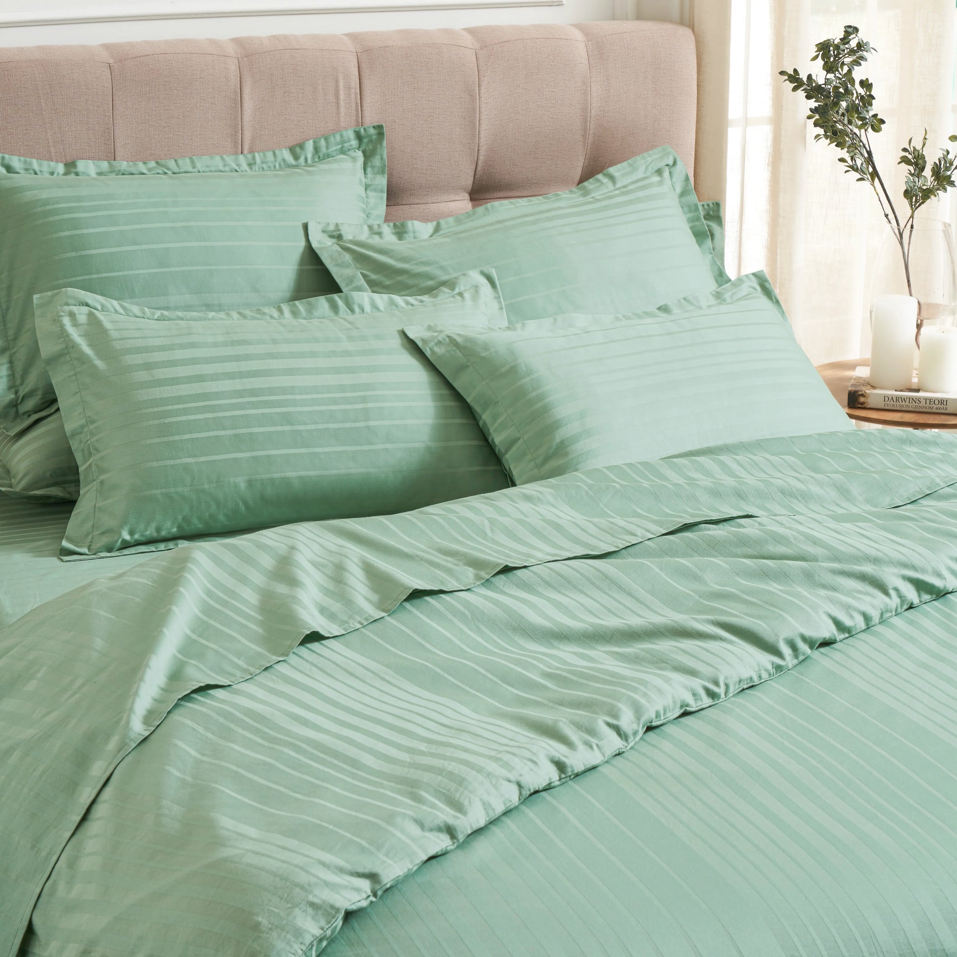 Seraya | 400TC Varigated Stripes Super Soft Bedsheet Set Green Sage / Super King