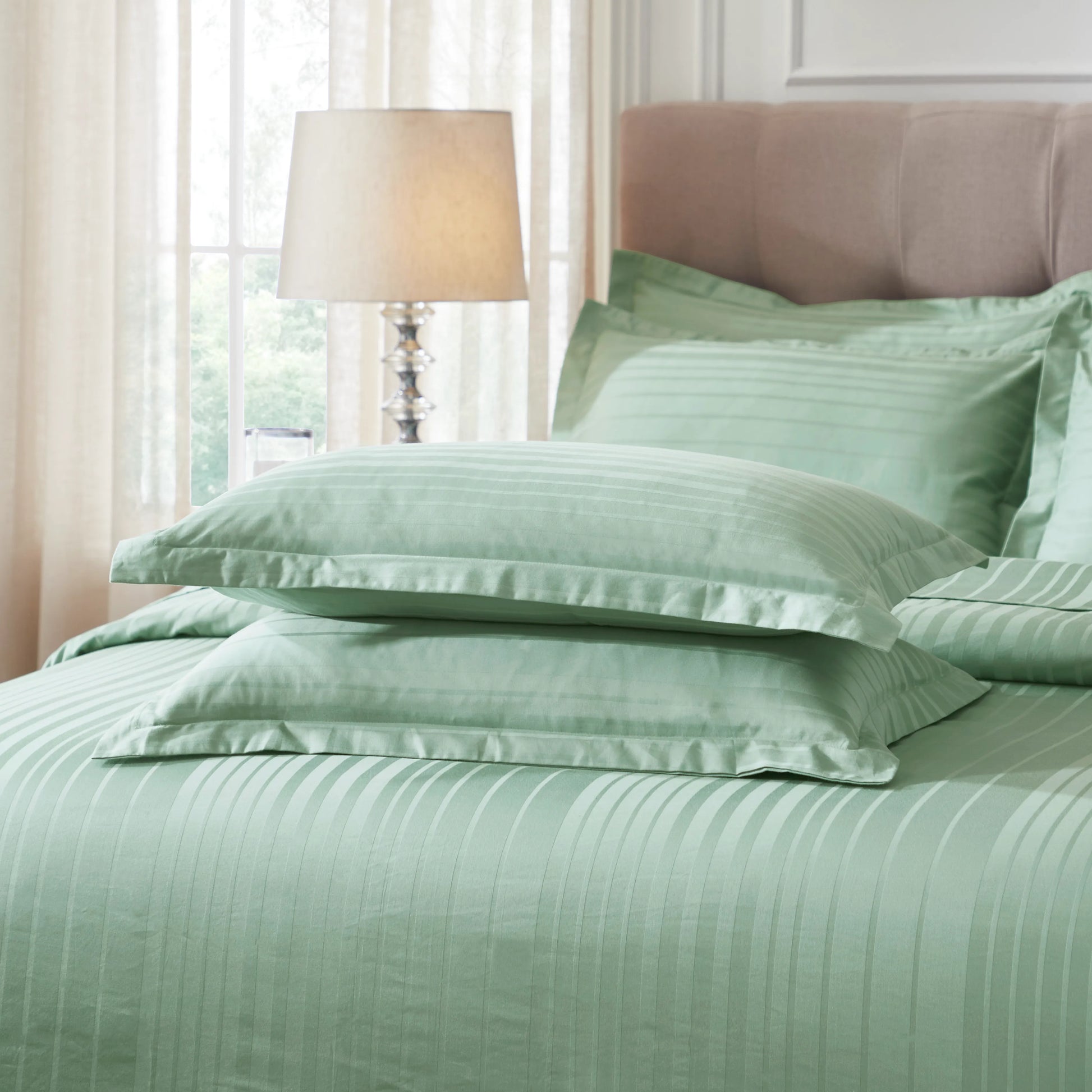Seraya | 400TC Varigated Stripes Super Soft Bedsheet Set Green Sage / Super King