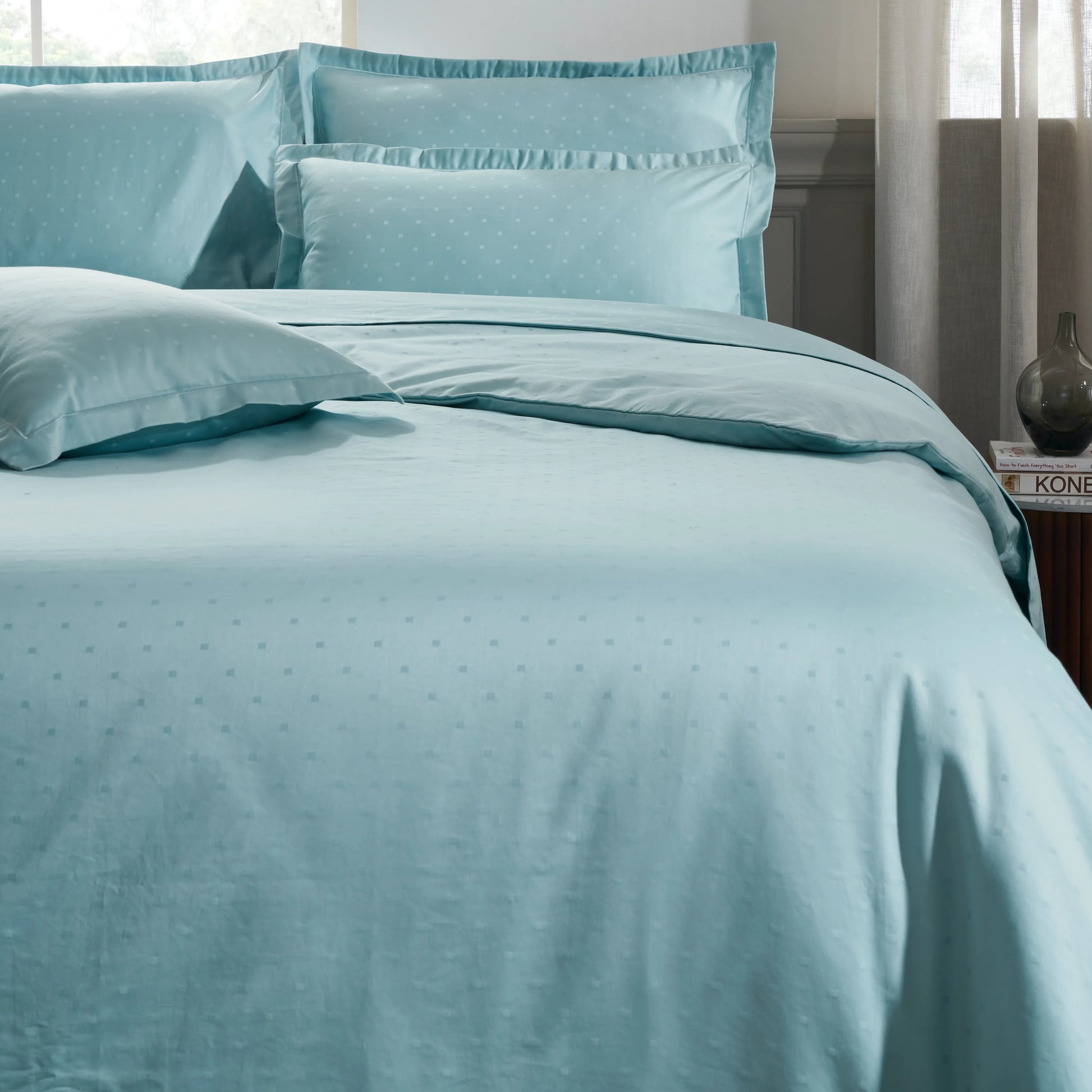 Ricaso | 1000TC Egyptian Cotton Swiss Dot Super Soft Bedsheet Set | Pillow Cover with Merrow Hem Treatment Blue Sky / Super King