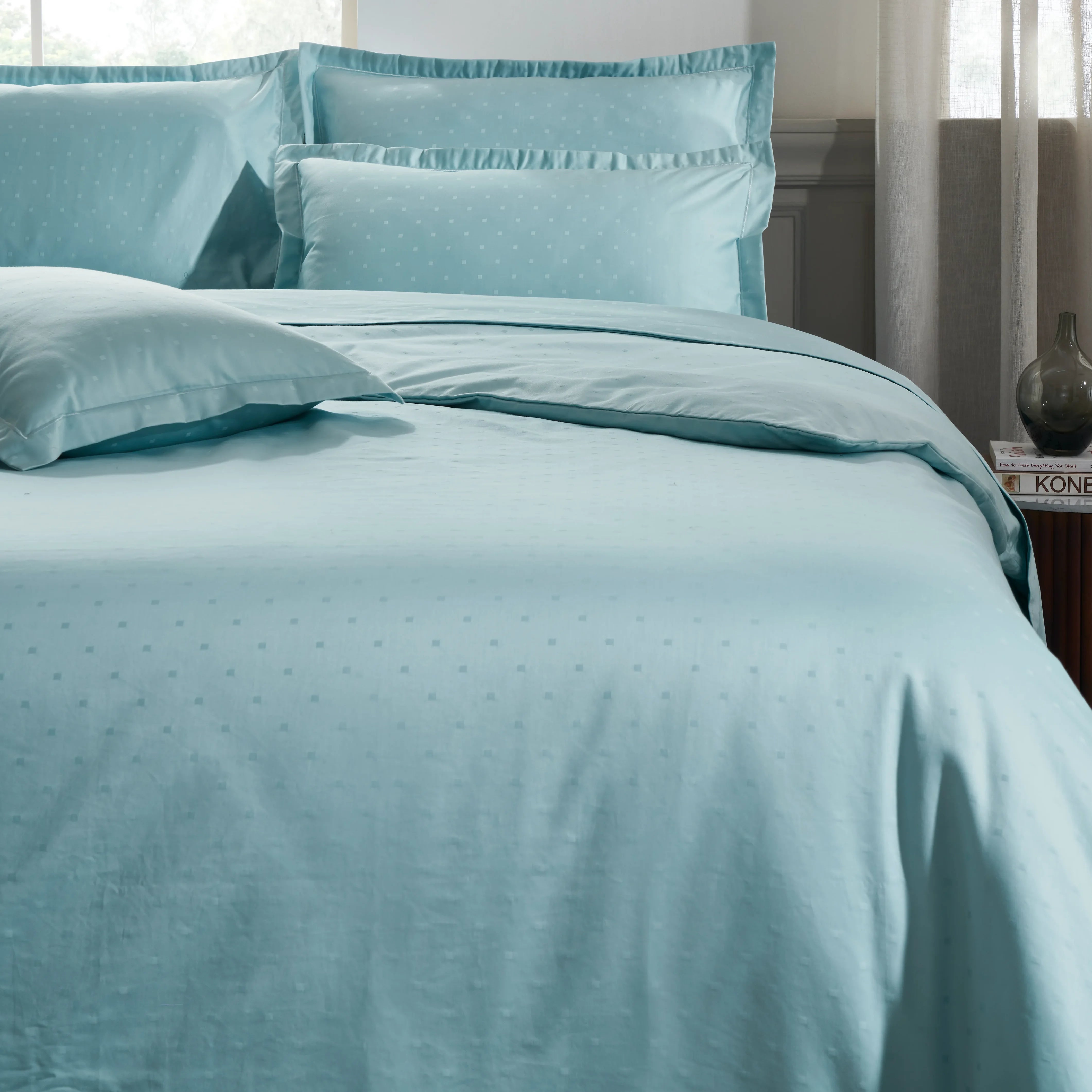 Ricaso | 1000TC Egyptian Cotton Swiss Dot Super Soft Bedsheet Set | Pillow Cover with Merrow Hem Treatment Blue Sky / Super King