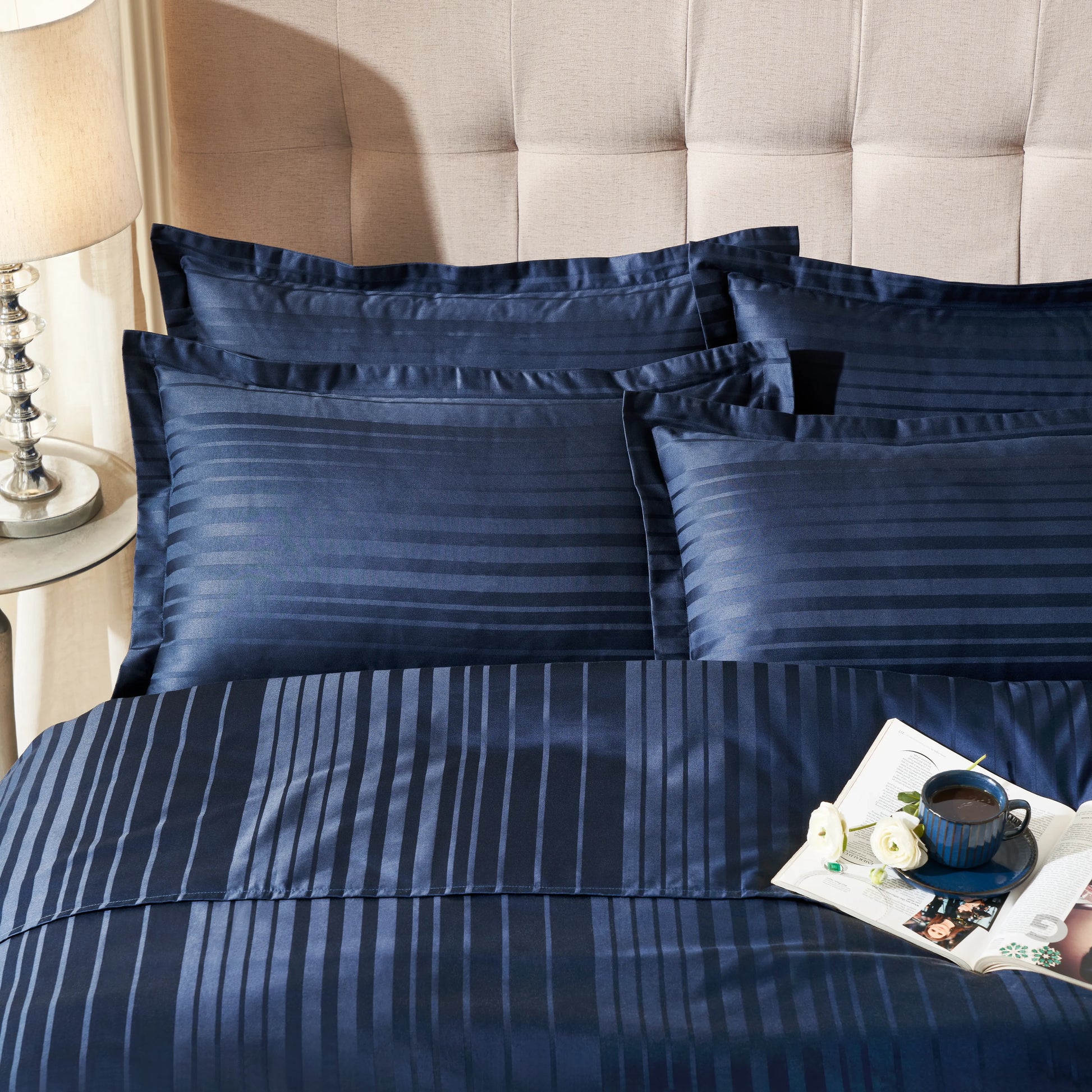 Seraya | 400TC Varigated Stripes Super Soft Bedsheet Set Navy / Super King