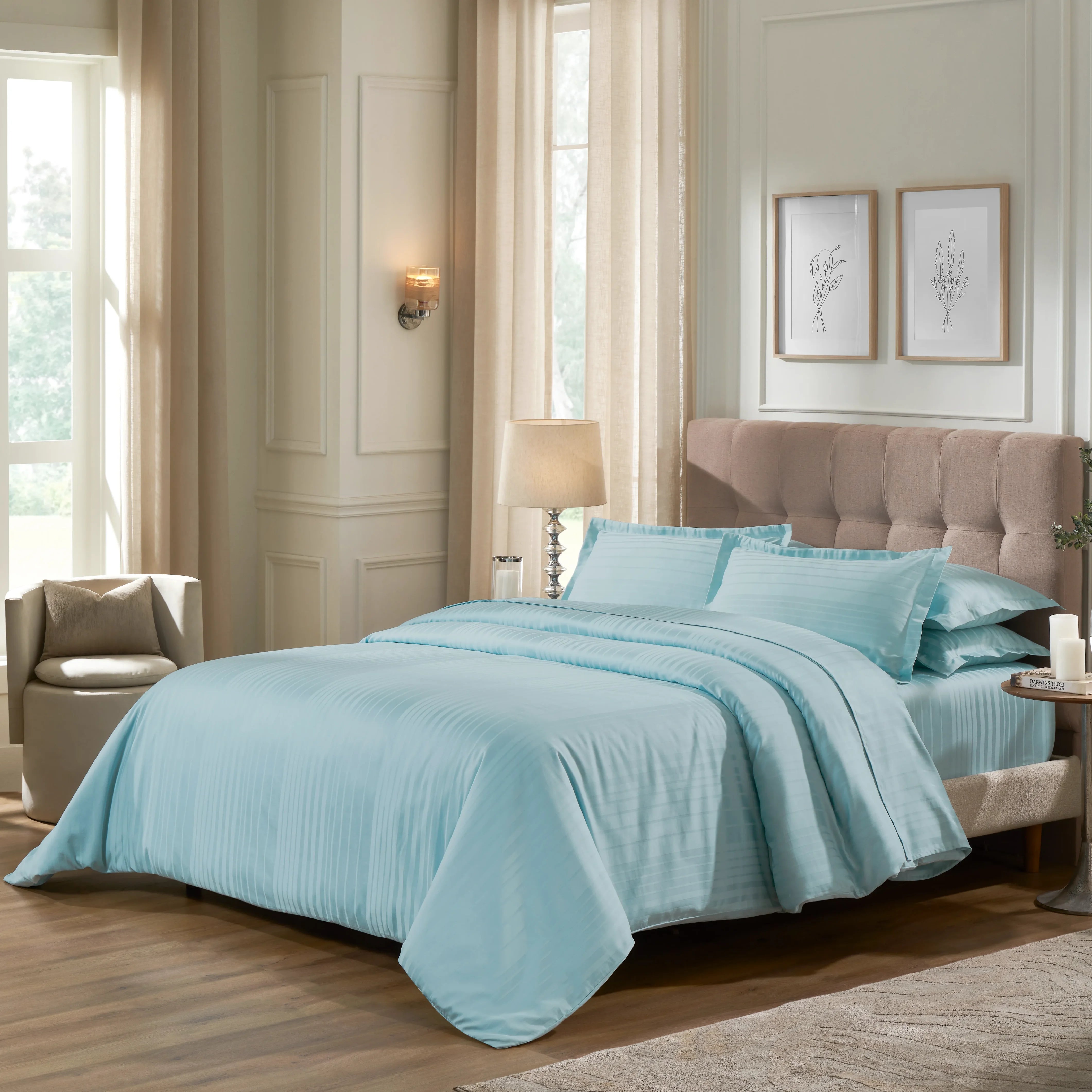 Seraya | 400TC Varigated Stripes Super Soft Bedsheet Set Blue Sky / Super King