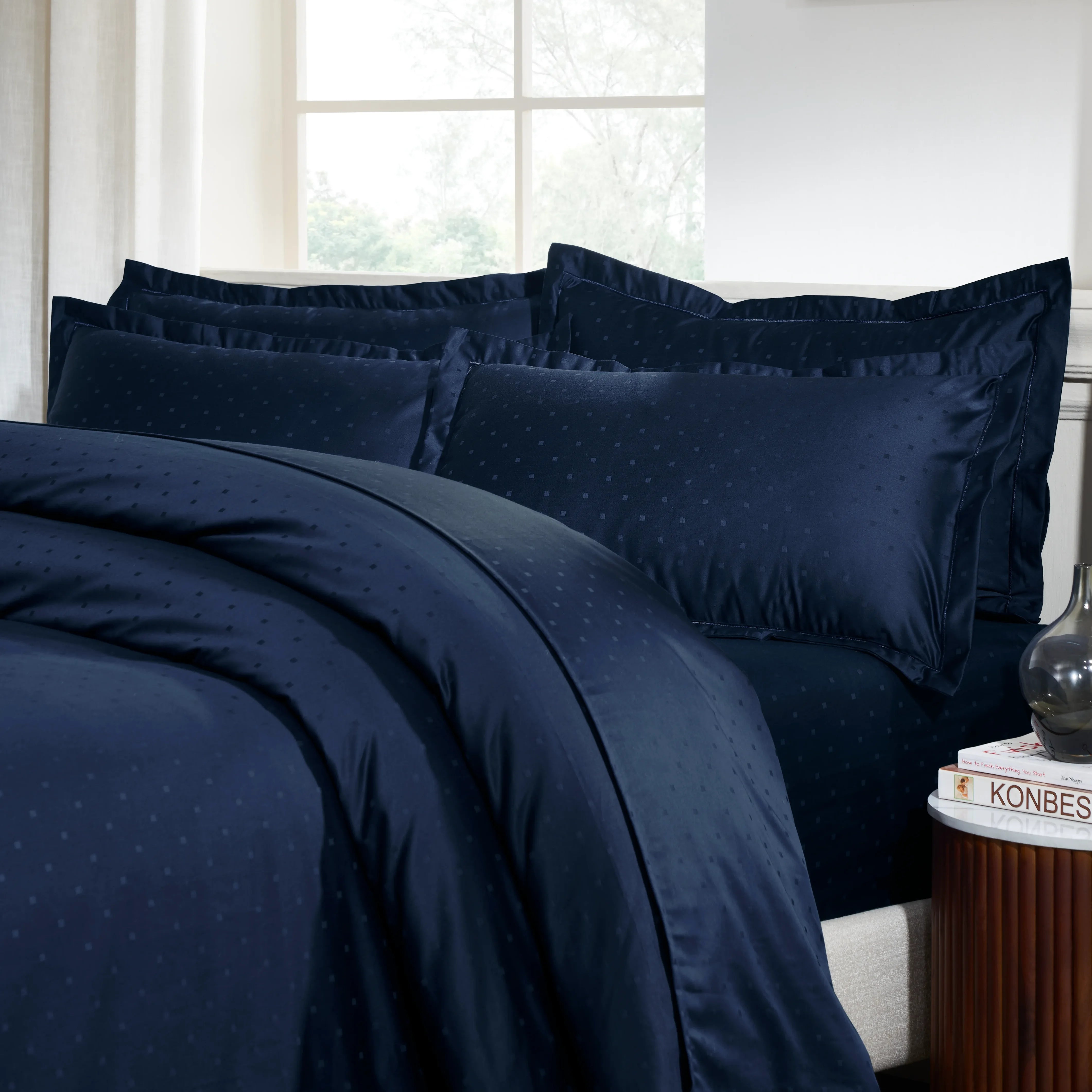 Ricaso | 1000TC Egyptian Cotton Swiss Dot Super Soft Bedsheet Set | Pillow Cover with Merrow Hem Treatment Navy / Super King