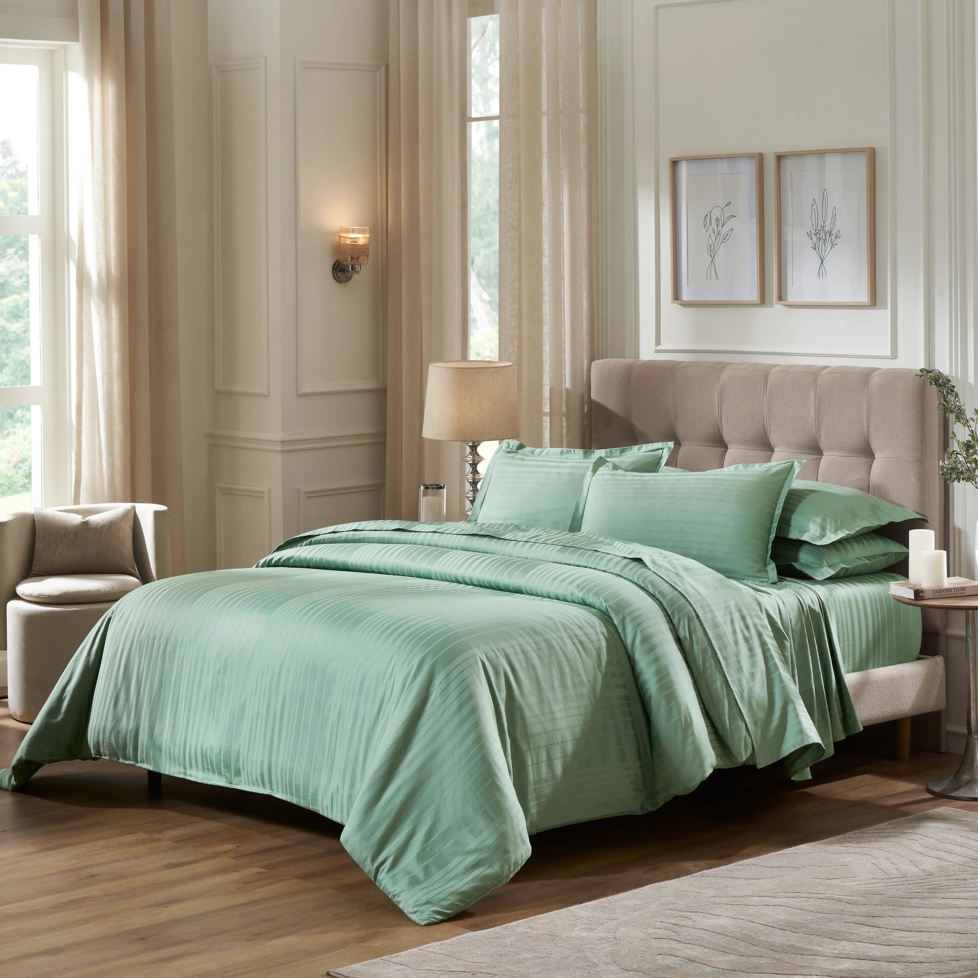Seraya | 400TC Varigated Stripes Super Soft Bedsheet Set Green Sage / Super King