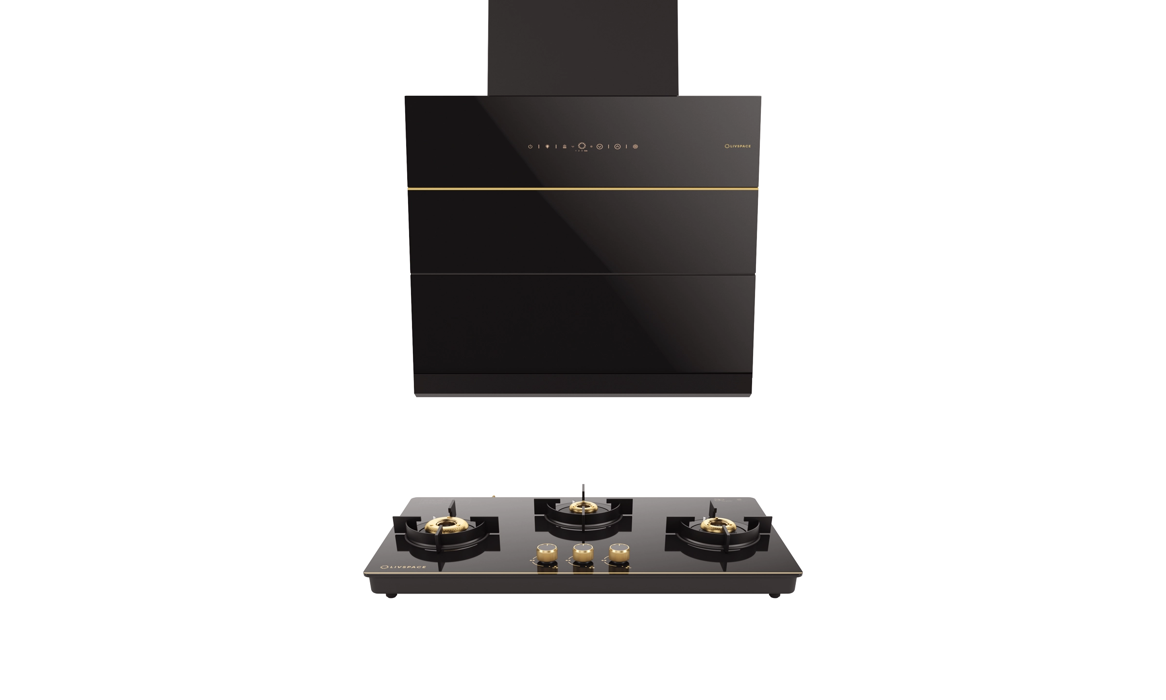 Intellia Series by LIVSPACE Inclined shape BLDC autoclean Filterless 600mm 1600m3/h suction Chimney & 3 Brass Burner Gloss finish 770mm with Auto Ignition Cooktop with installation (Ducted) | Intellia CH I 60 & Intellia CT 77 3B