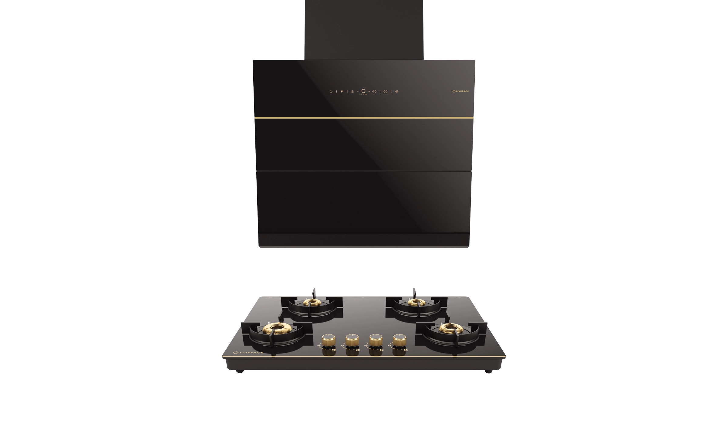 Intellia Series by LIVSPACE Inclined shape BLDC autoclean Filterless 600mm 1600m3/h suction Chimney & 4 Brass Burner Gloss finish 750mm with Auto Ignition Cooktop with installation (Ducted) | Intellia CH I 60 & Intellia CT 75 4B