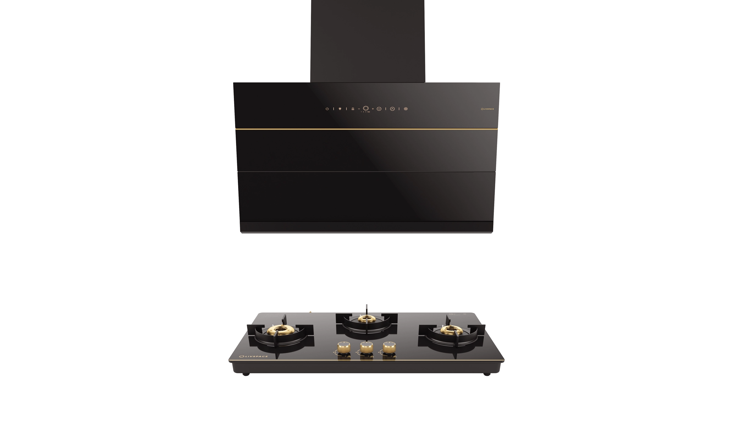 Intellia Series by LIVSPACE Inclined shape BLDC autoclean Filterless 900mm 1600m3/h suction Chimney & 3 Brass Burner Gloss finish 770mm with Auto Ignition Cooktop with installation (Ducted) | Intellia CH I 90 & Intellia CT 77 3B