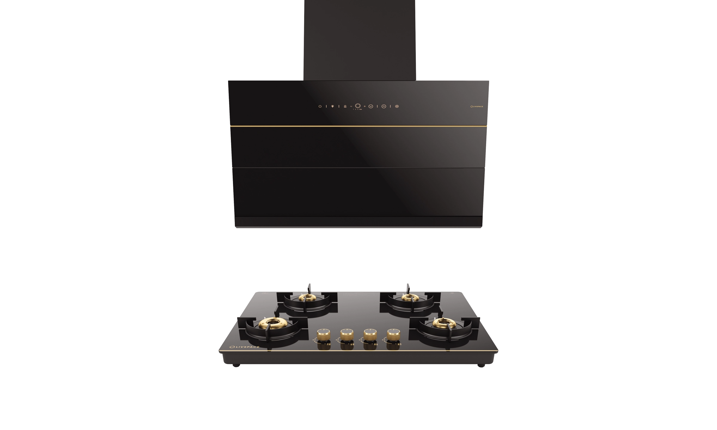 Intellia Series by LIVSPACE Inclined shape BLDC autoclean Filterless 900mm 1600m3/h suction Chimney & 4 Brass Burner Gloss finish 750mm with Auto Ignition Cooktop with installation (Ducted) | Intellia CH I 90 & Intellia CT 75 4B