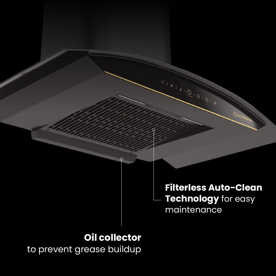 Intellia by Livspace AutoClean Curve Shape BLDC chimney 900mm size 1600m3/h suction power (Ducted) | Intellia CH C 90