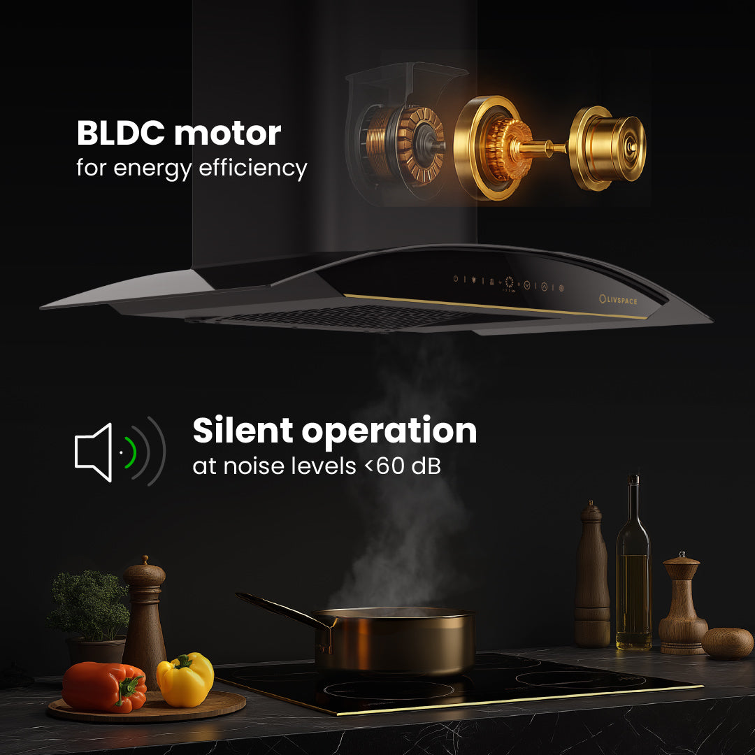 Intellia by Livspace AutoClean Curve Shape BLDC chimney 900mm size 1600m3/h suction power (Ducted) | Intellia CH C 90