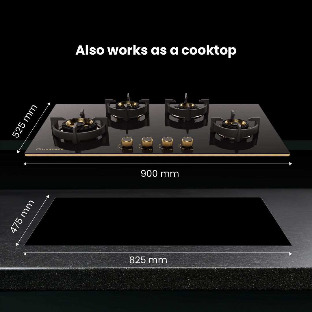 Intellia by Livspace 4 Brass Burner 900mm with Auto Ignition Gloss finish Hob  | Intellia HB 4B G 90
