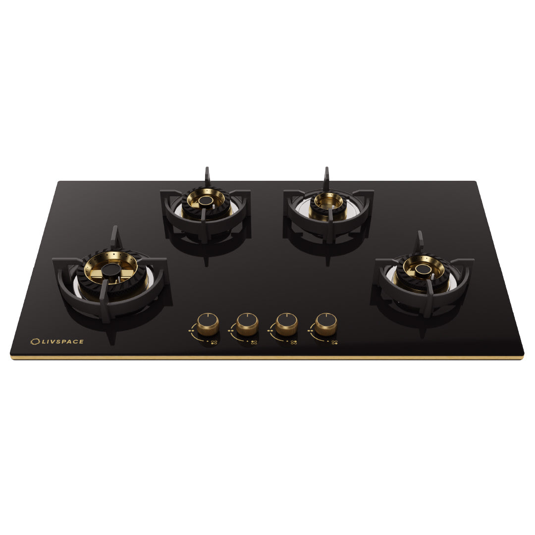 Intellia by Livspace 4 Brass Burner 900mm with Auto Ignition Gloss finish Hob  | Intellia HB 4B G 90