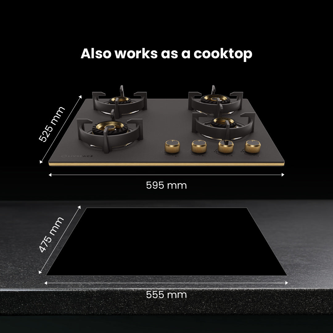 Intellia by Livspace 4 Brass Burner 595mm with Auto Ignition Matt finish Hob  | Intellia HB 4B M 60