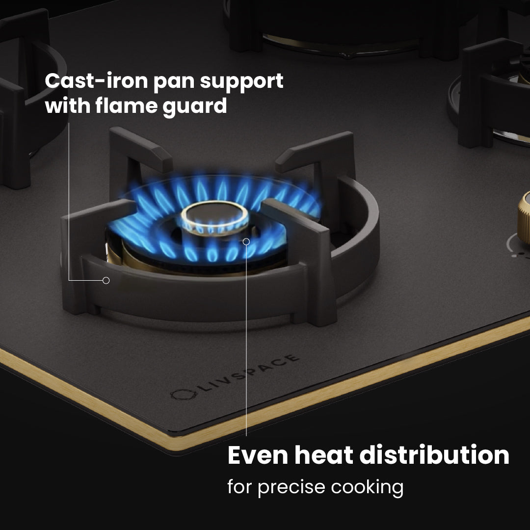 Intellia by Livspace 4 Brass Burner 595mm with Auto Ignition Matt finish Hob  | Intellia HB 4B M 60
