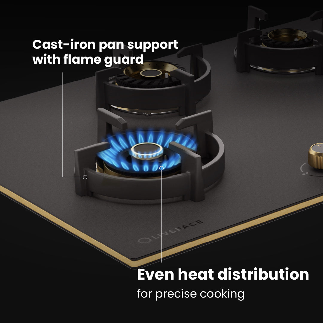 Intellia by Livspace 4 Brass Burner 900mm with Auto Ignition Matt finish Hob  | Intellia HB 4B M 90