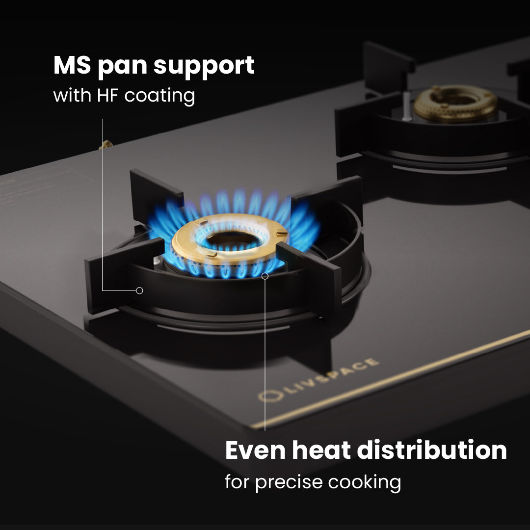 Intellia by LIVSPACE T-shape shape BLDC autoclean Filterless 600mm 1600m3/h suction Chimney & 3 Brass Burner Gloss finish 770mm with Auto Ignition Cooktop with installation (Ducted) | Intellia CH T 60 & Intellia CT 77 3B