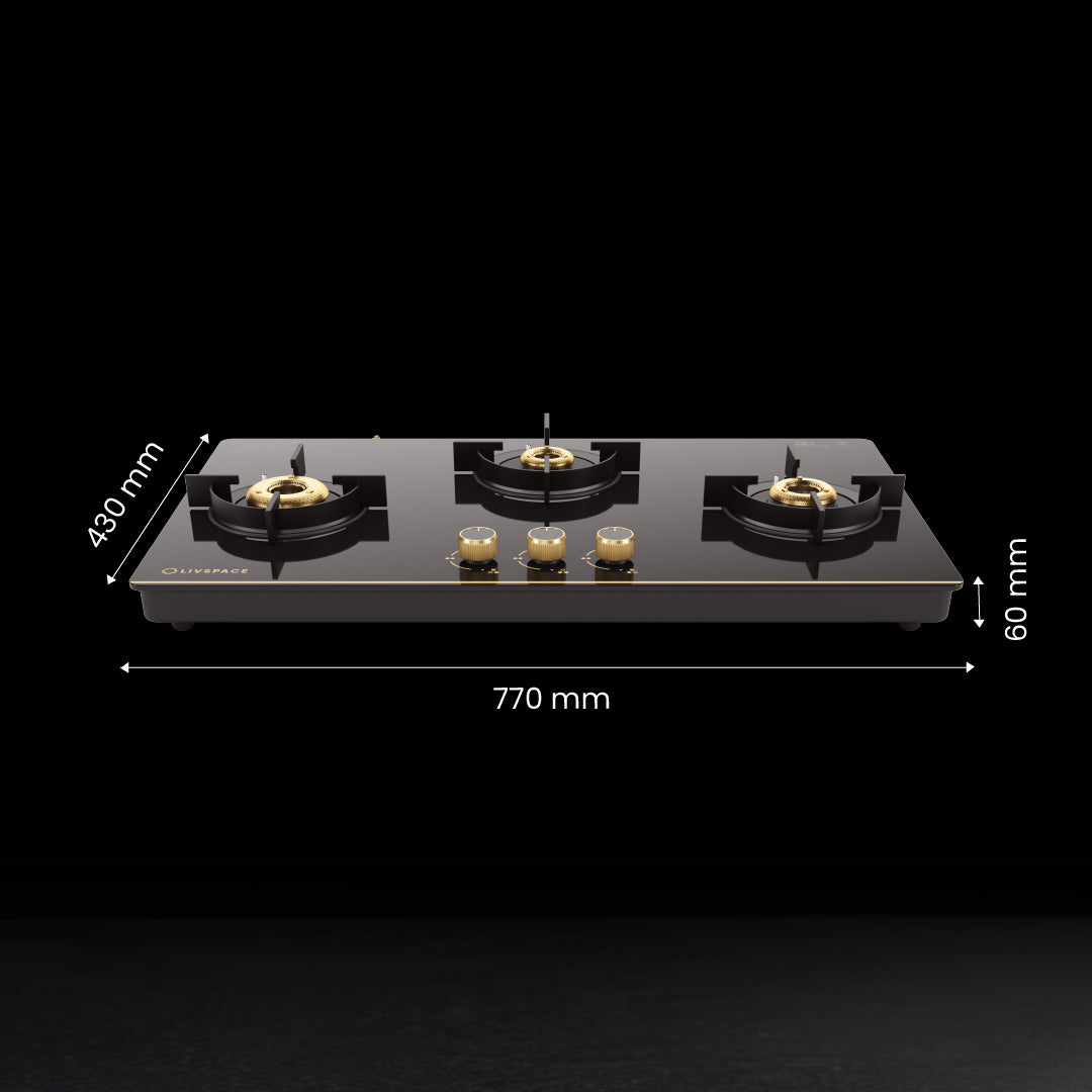 Intellia by Livspace 3 Brass Burner 770mm with Auto Ignition Gloss finish Cooktop  | Intellia CT 77 3B