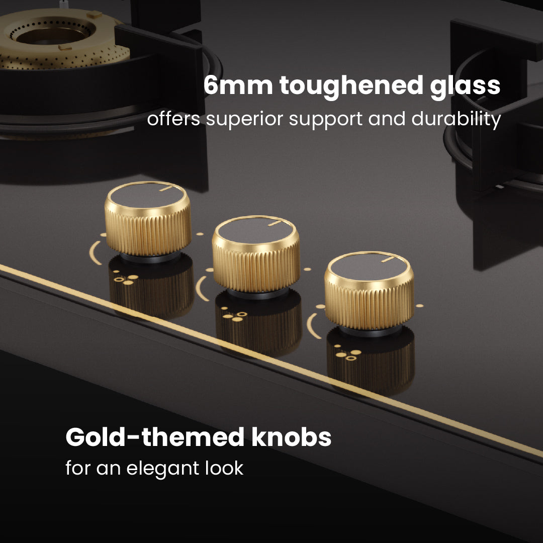 Intellia by Livspace 3 Brass Burner 770mm with Auto Ignition Gloss finish Cooktop  | Intellia CT 77 3B