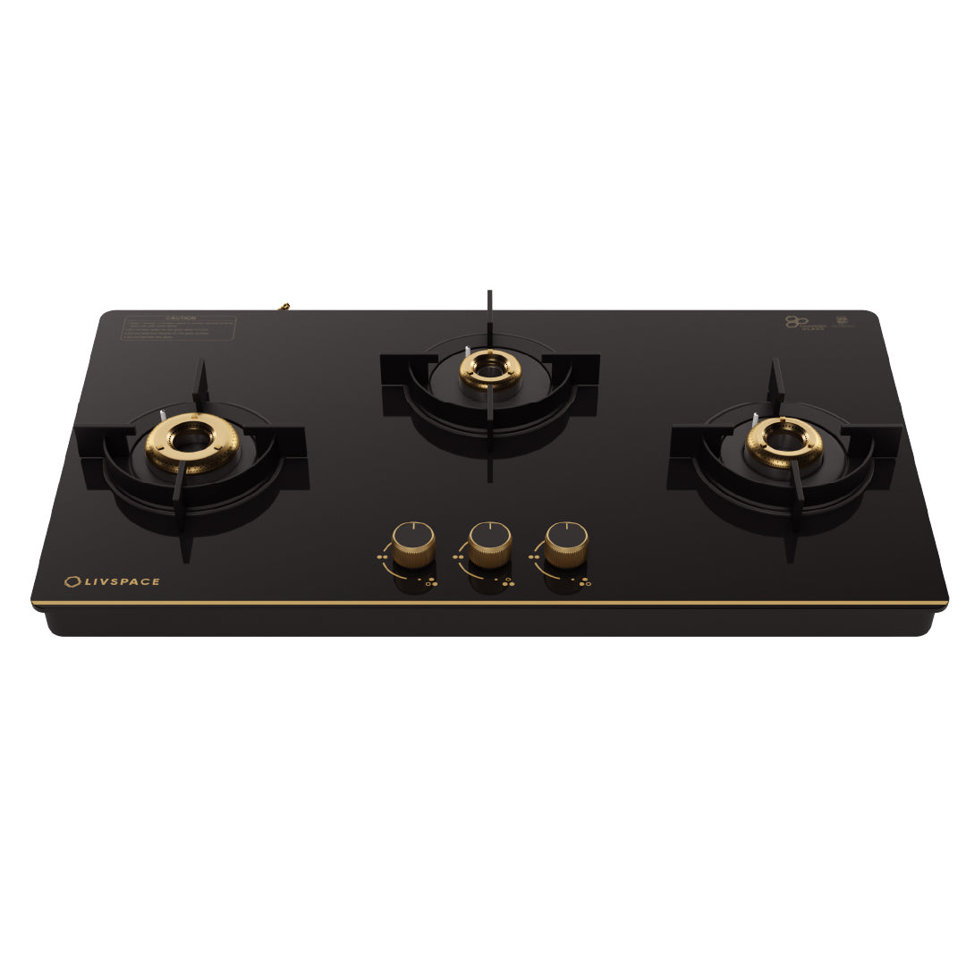 Intellia by Livspace 3 Brass Burner 770mm with Auto Ignition Gloss finish Cooktop  | Intellia CT 77 3B