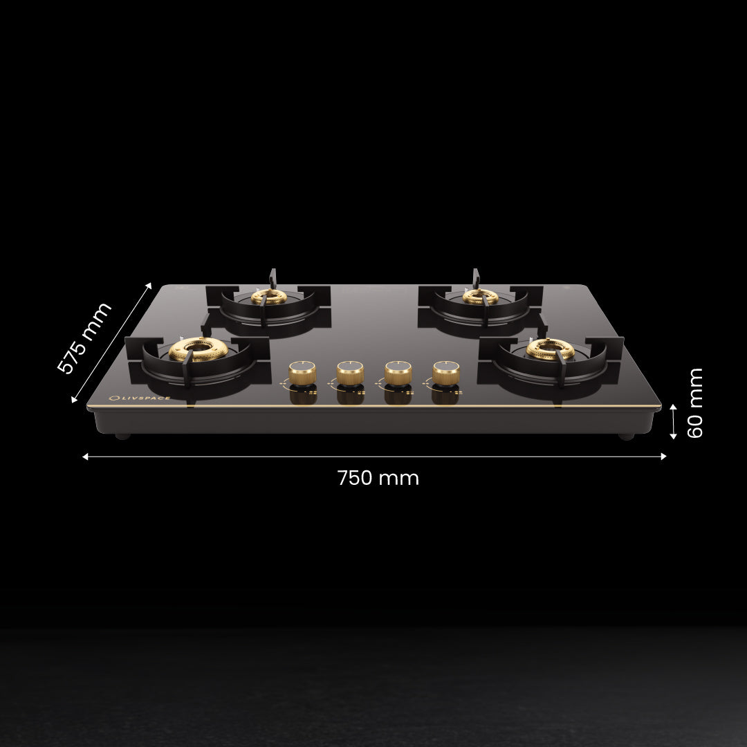Intellia by Livspace 4 Brass Burner 750mm with Auto Ignition Gloss finish Cooktop  | Intellia CT 75 4B
