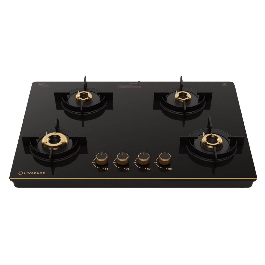 Intellia by Livspace 4 Brass Burner 750mm with Auto Ignition Gloss finish Cooktop  | Intellia CT 75 4B