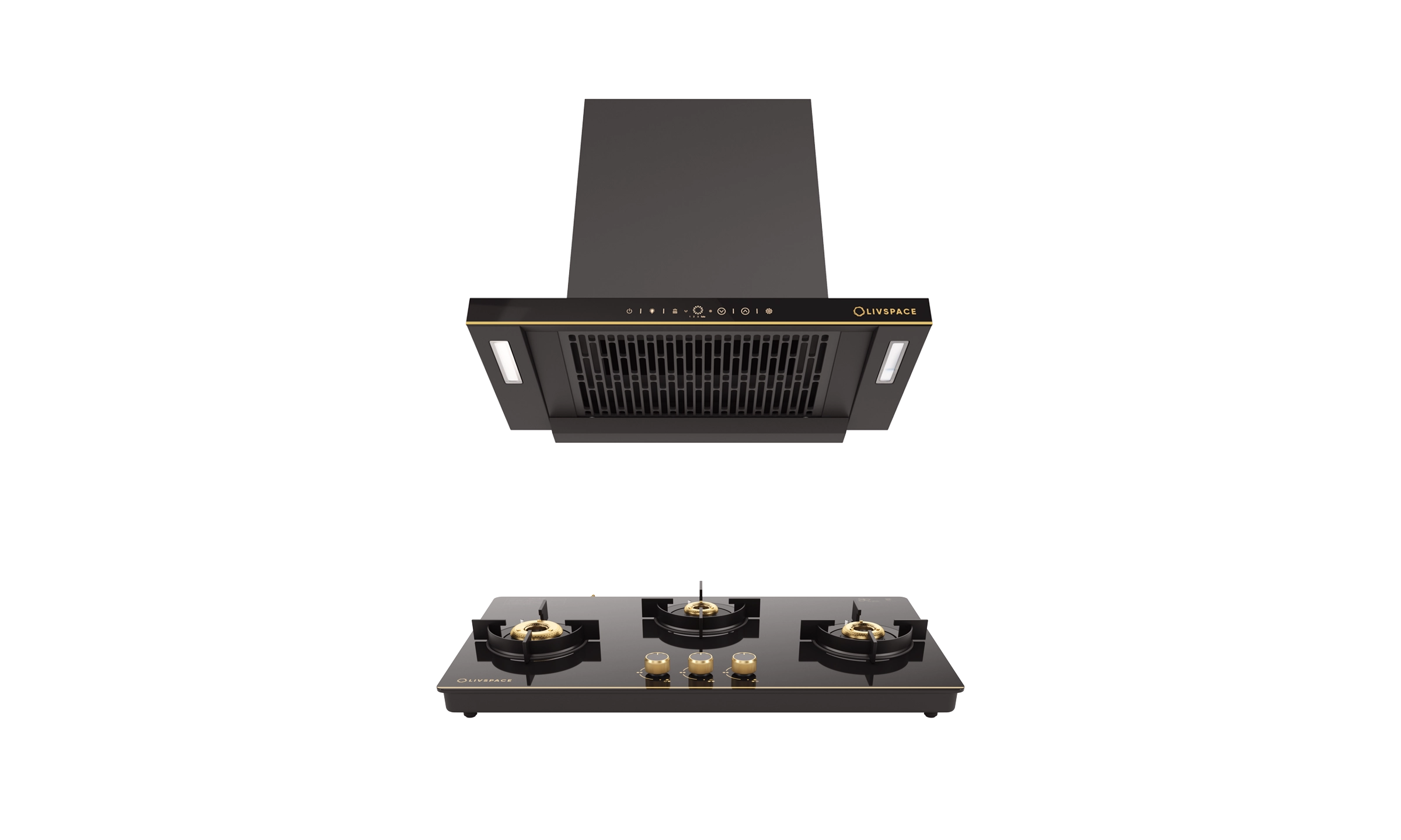 Intellia by LIVSPACE T-shape shape BLDC autoclean Filterless 600mm 1600m3/h suction Chimney & 3 Brass Burner Gloss finish 770mm with Auto Ignition Cooktop with installation (Ducted) | Intellia CH T 60 & Intellia CT 77 3B