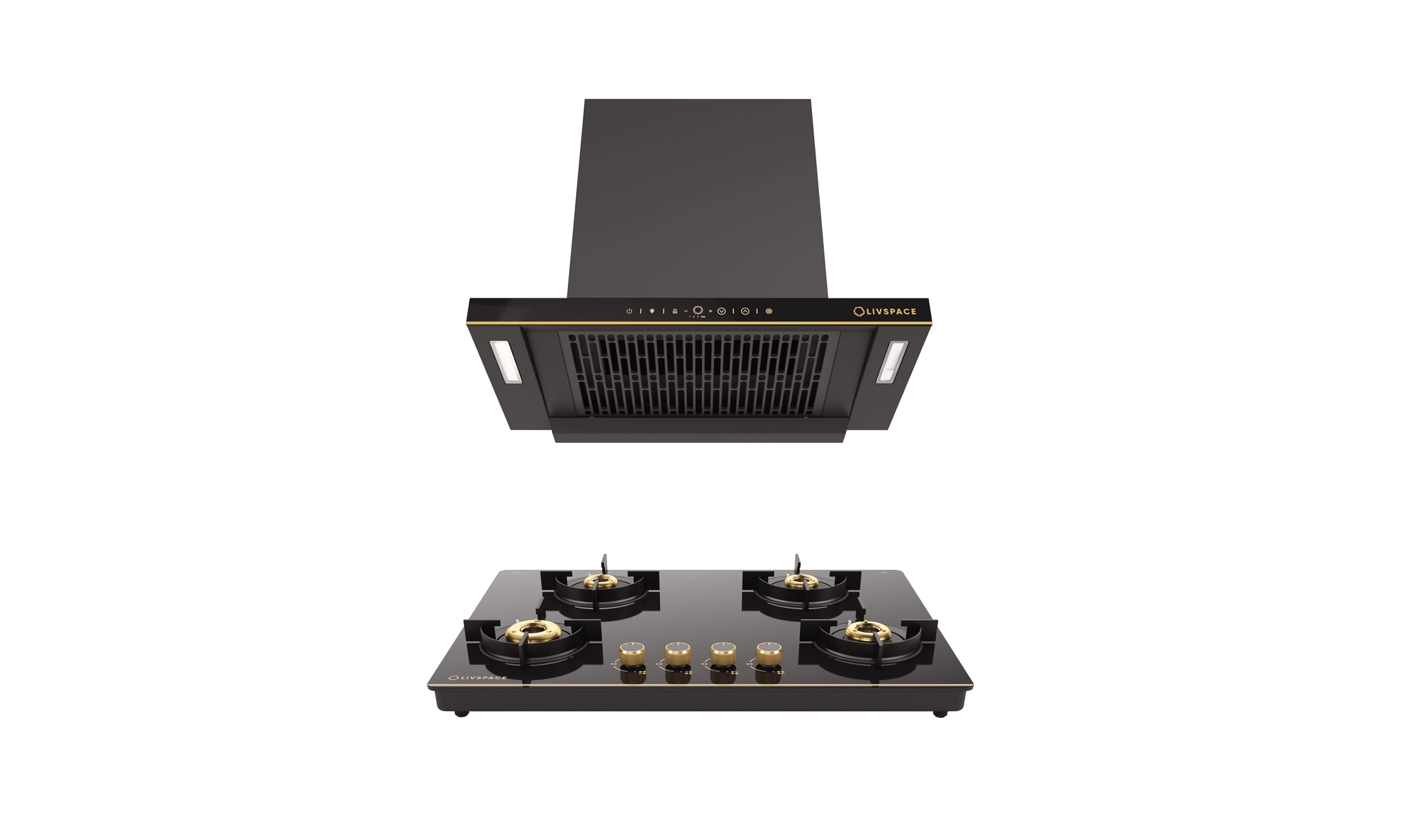 Intellia by LIVSPACE T-shape shape BLDC autoclean Filterless 600mm 1600m3/h suction Chimney & 4 Brass Burner Gloss finish 750mm with Auto Ignition Cooktop with installation (Ducted) | Intellia CH T 60 & Intellia CT 75 4B