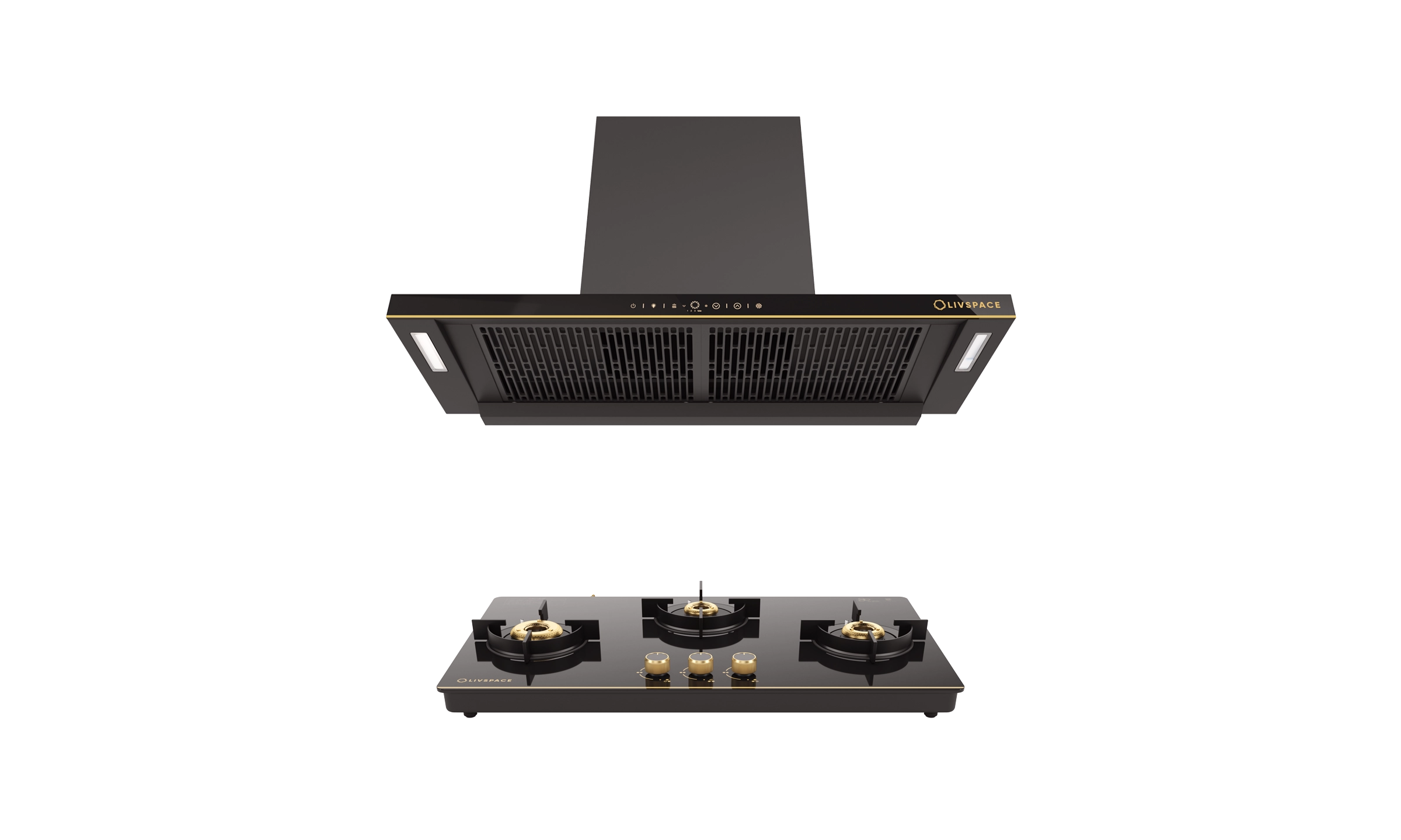 Intellia by LIVSPACE T-shape shape BLDC autoclean Filterless 900mm 1600m3/h suction Chimney & 3 Brass Burner Gloss finish 770mm with Auto Ignition Cooktop with installation (Ducted) | Intellia CH T 90 & Intellia CT 77 3B